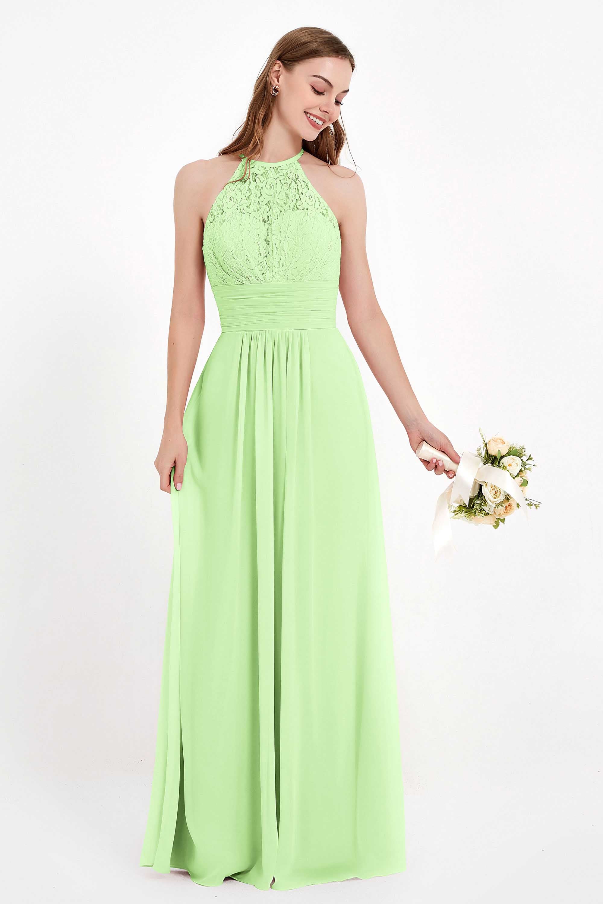 Halter Chiffon Lace Bridesmaid Dress Pleated Ruched Formal Evening Prom Dresses Gowns