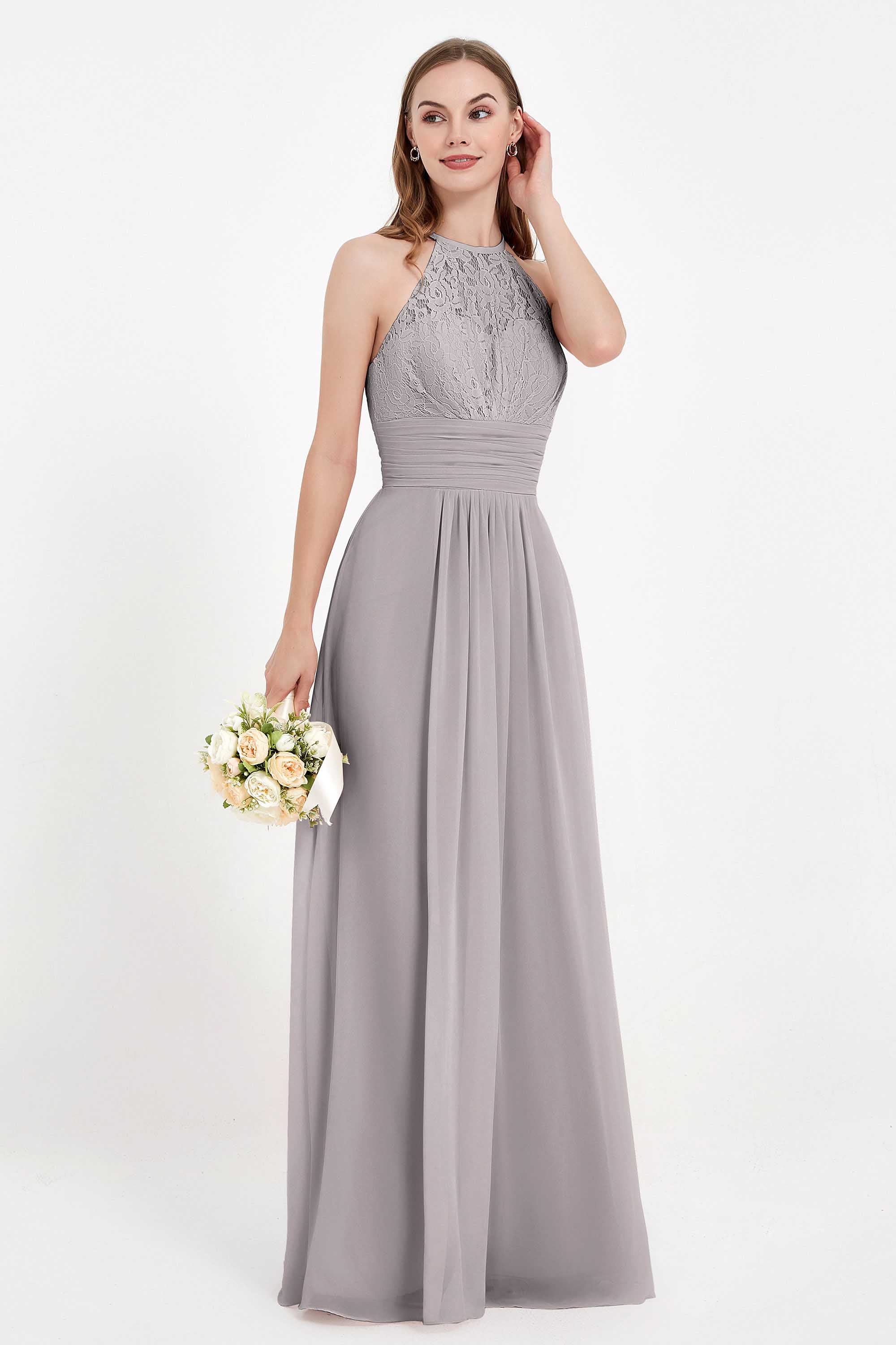Halter Chiffon Lace Bridesmaid Dress Pleated Ruched Formal Evening Prom Dresses Gowns