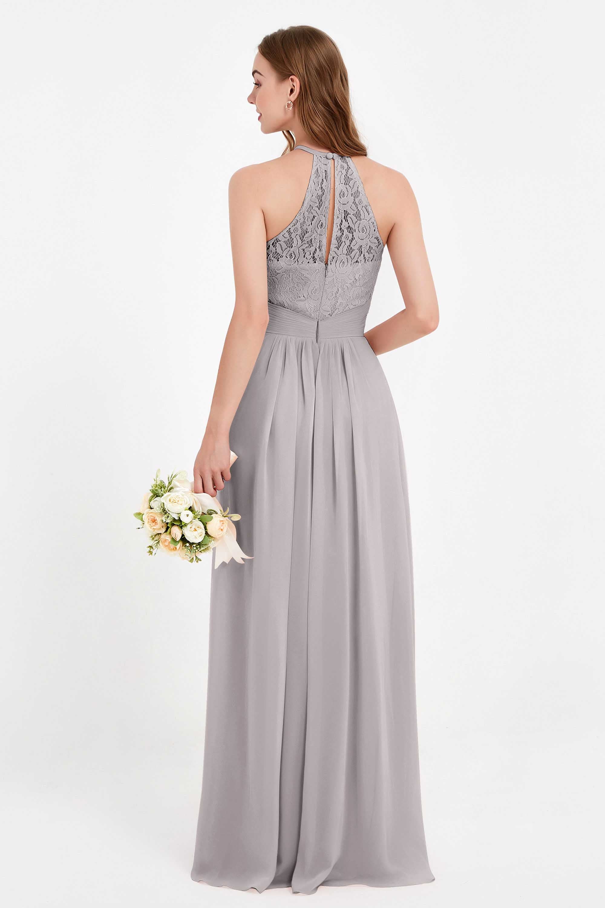 Halter Chiffon Lace Bridesmaid Dress Pleated Ruched Formal Evening Prom Dresses Gowns