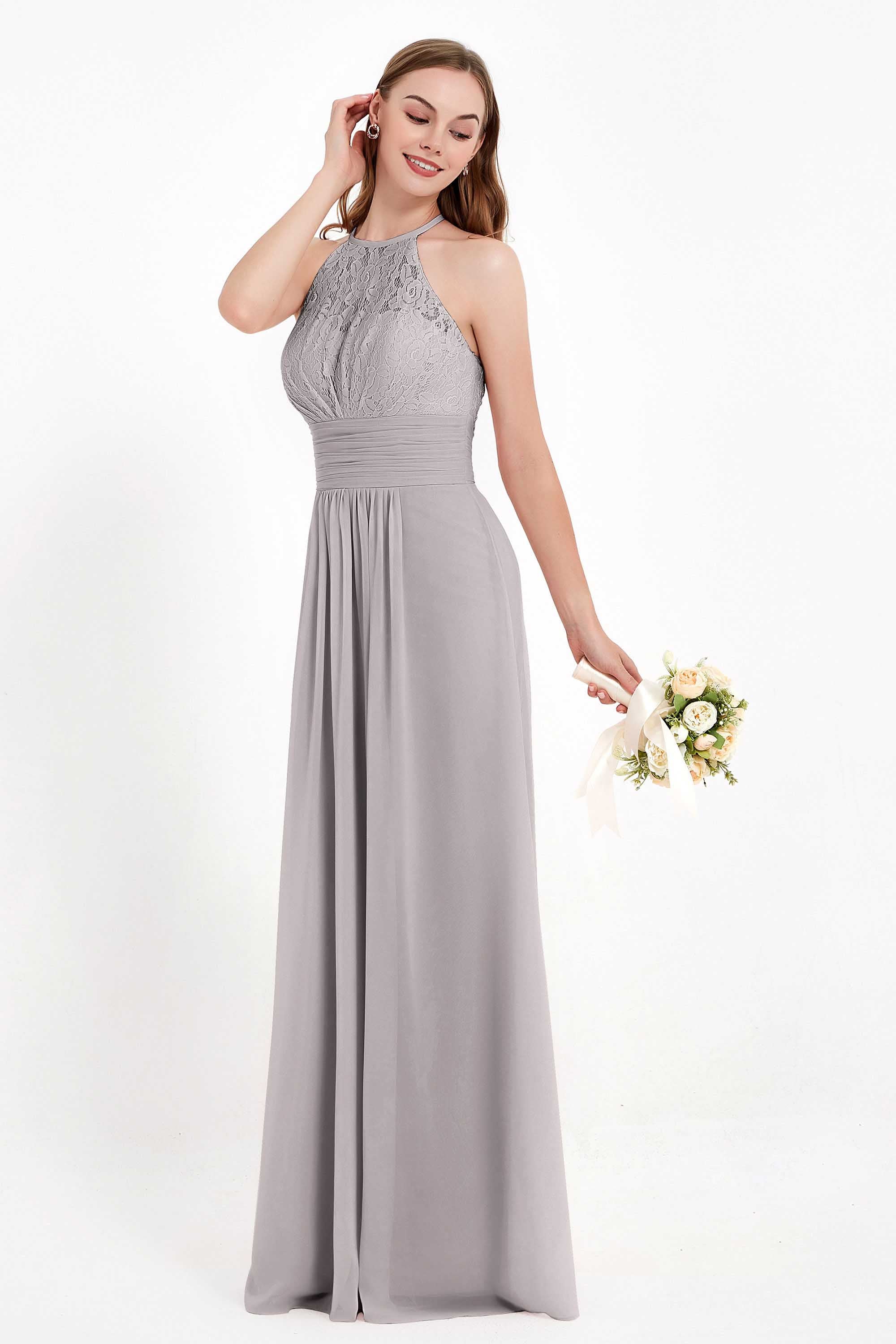Halter Chiffon Lace Bridesmaid Dress Pleated Ruched Formal Evening Prom Dresses Gowns