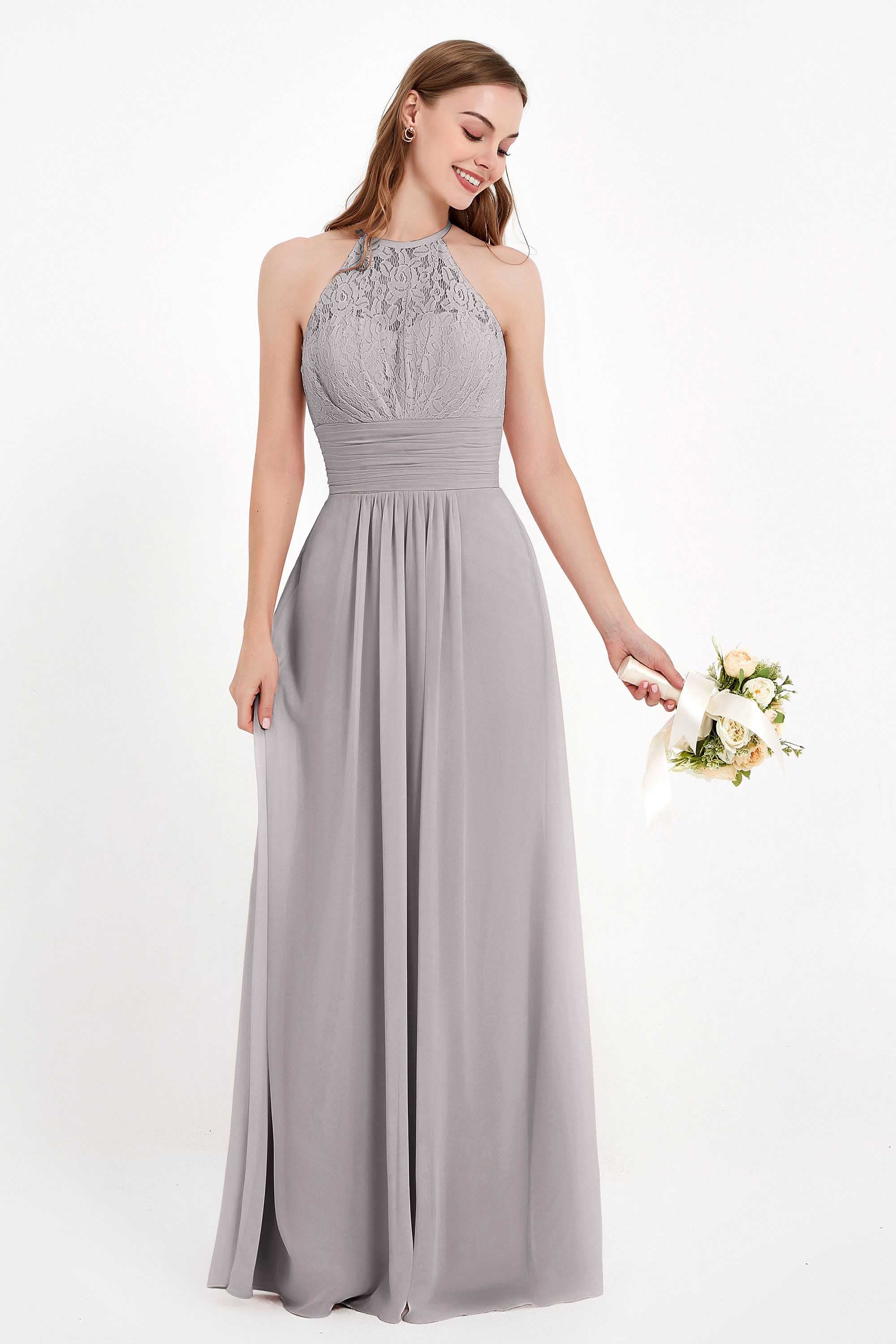 Halter Chiffon Lace Bridesmaid Dress Pleated Ruched Formal Evening Prom Dresses Gowns