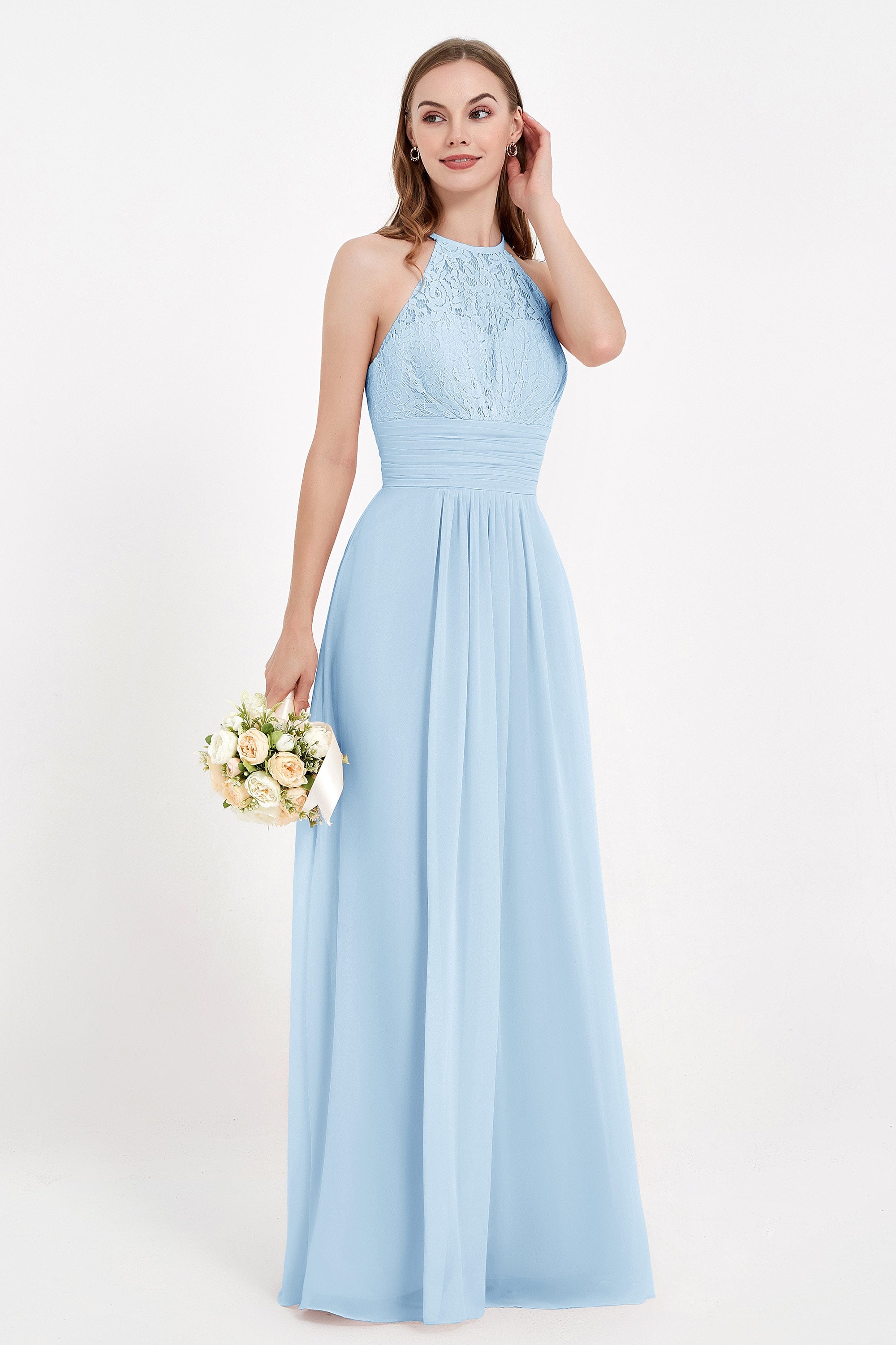 Halter Chiffon Lace Bridesmaid Dress Pleated Ruched Formal Evening Prom Dresses Gowns