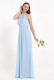 Halter Chiffon Lace Bridesmaid Dress Pleated Ruched Formal Evening Prom Dresses Gowns