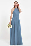 Halter Chiffon Lace Bridesmaid Dress Pleated Ruched Formal Evening Prom Dresses Gowns