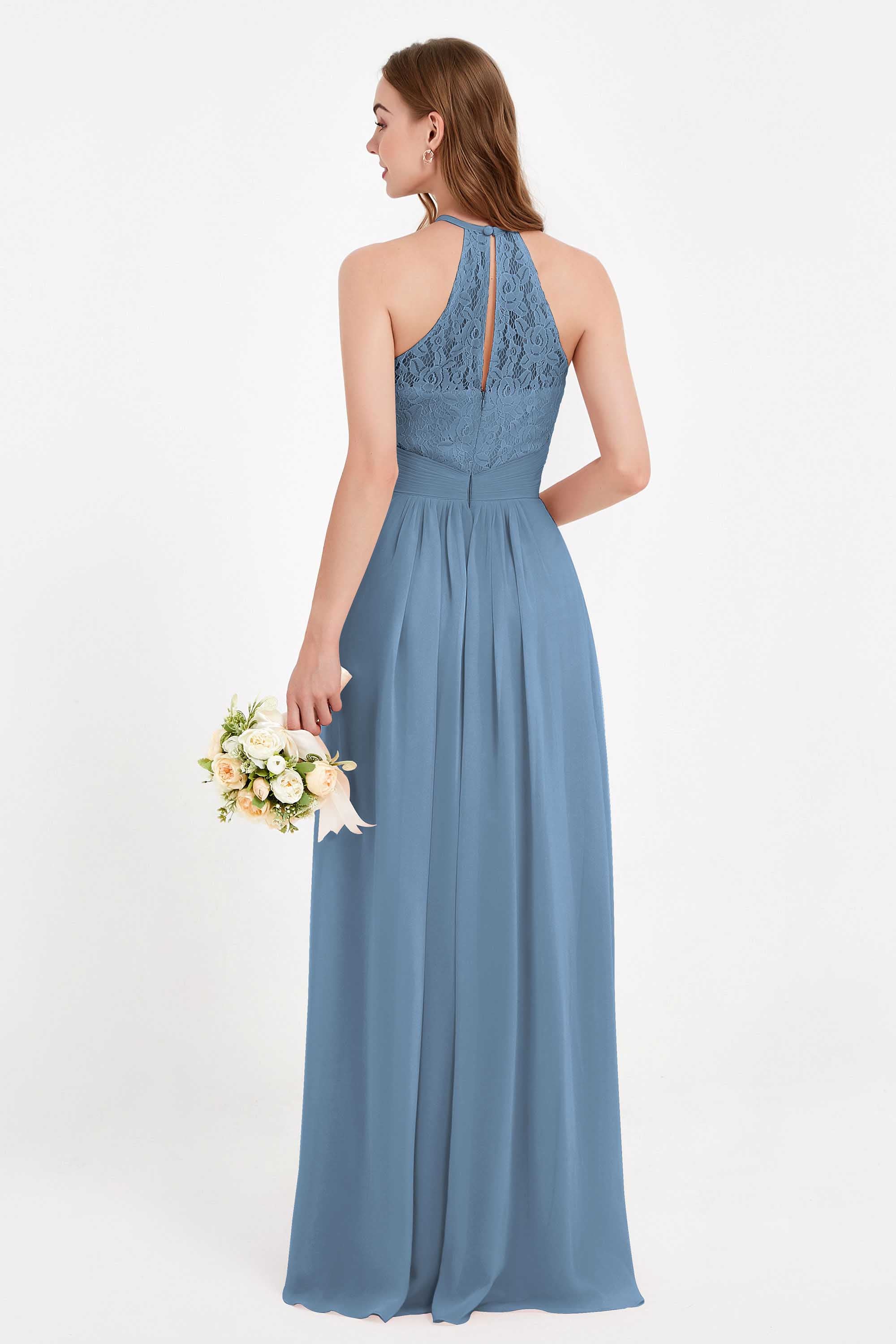 Halter Chiffon Lace Bridesmaid Dress Pleated Ruched Formal Evening Prom Dresses Gowns