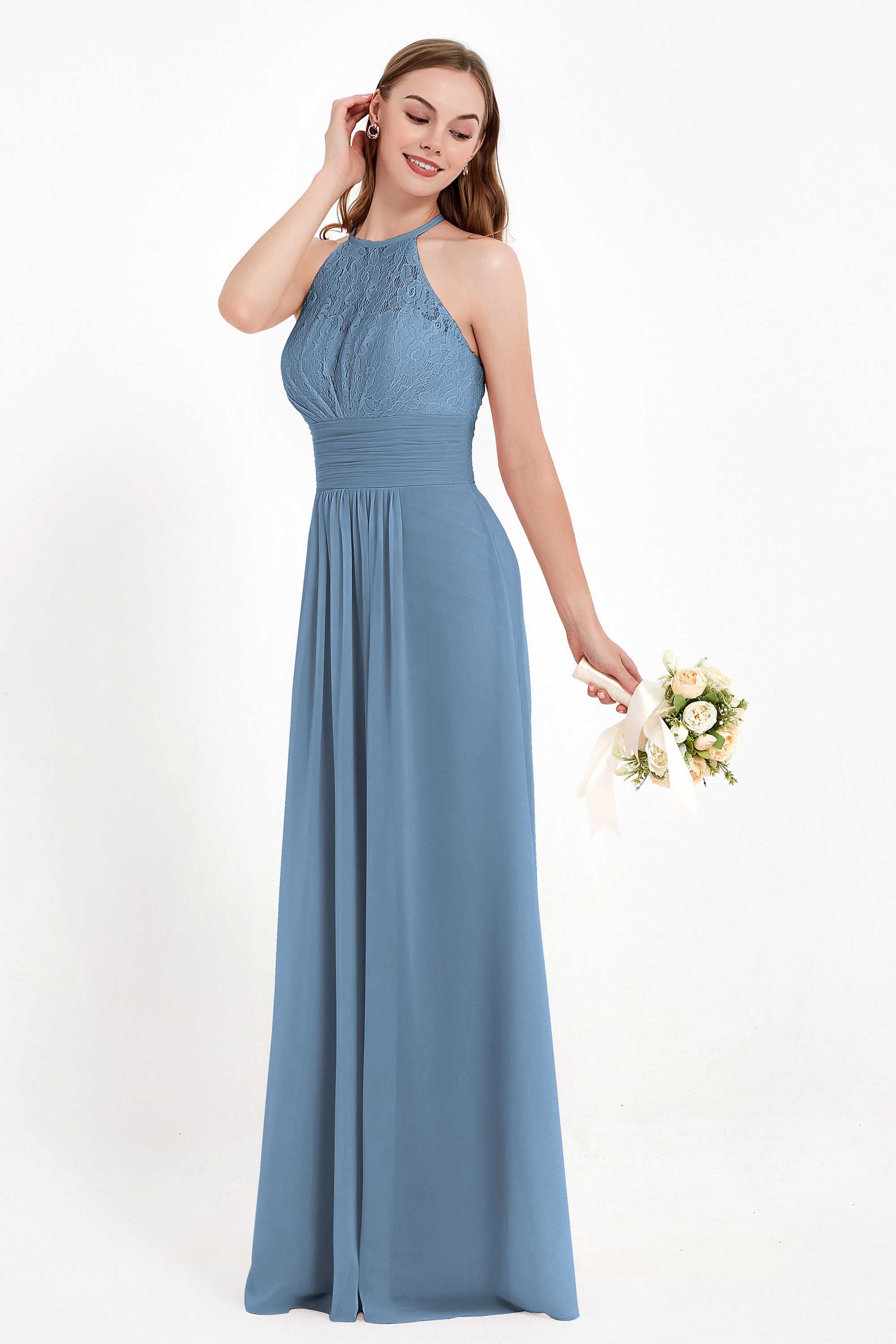 Halter Chiffon Lace Bridesmaid Dress Pleated Ruched Formal Evening Prom Dresses Gowns