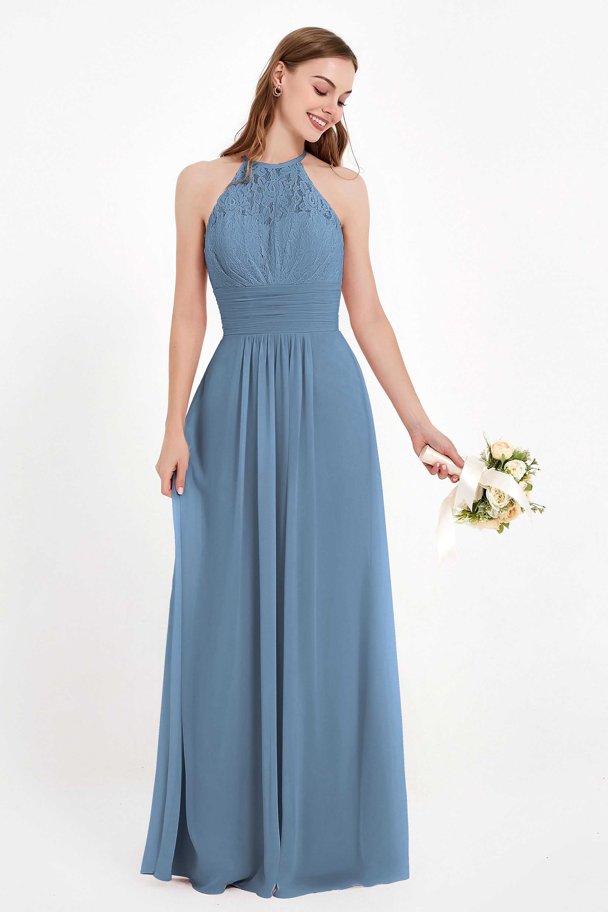 Halter Chiffon Lace Bridesmaid Dress Pleated Ruched Formal Evening Prom Dresses Gowns