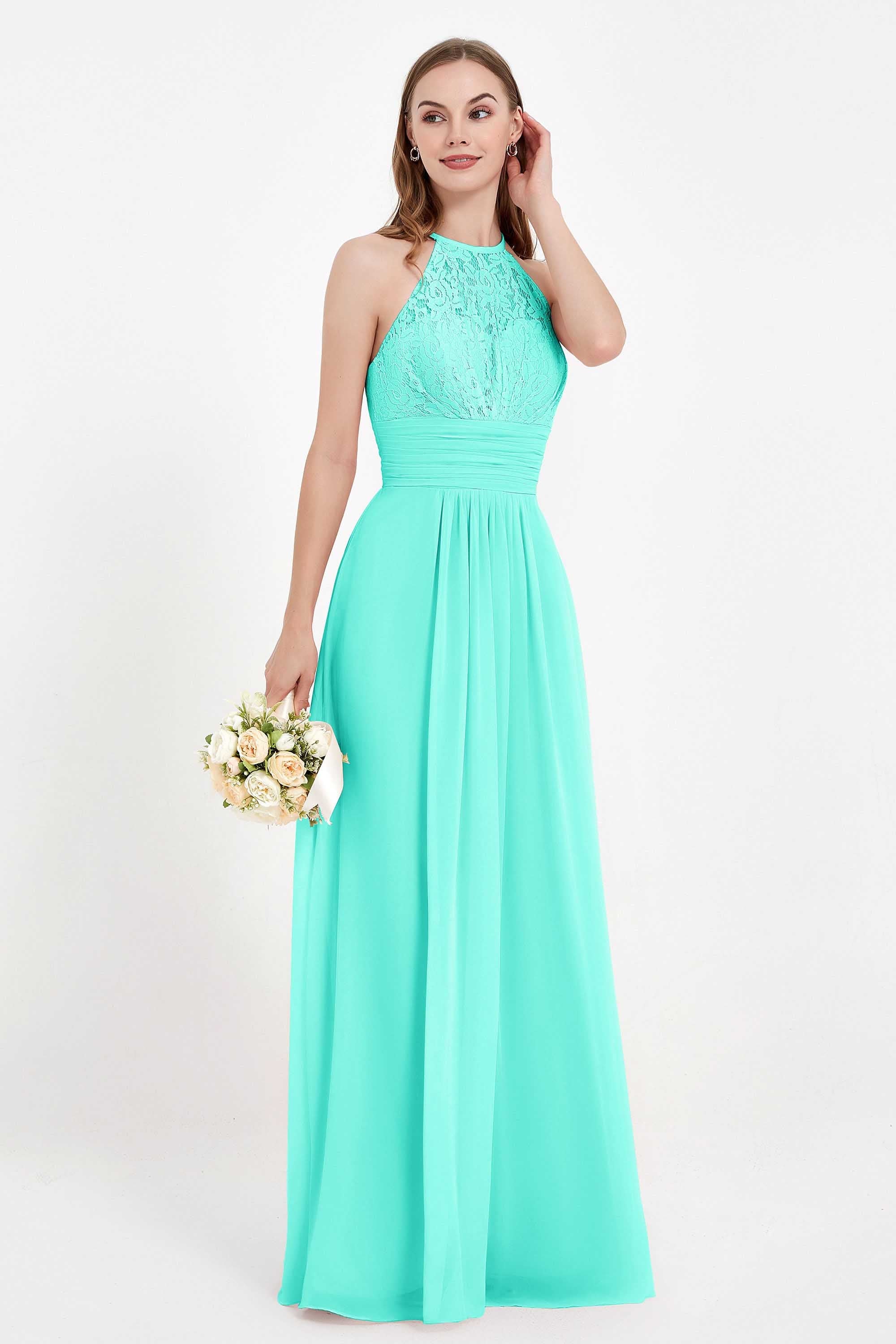 Halter Chiffon Lace Bridesmaid Dress Pleated Ruched Formal Evening Prom Dresses Gowns