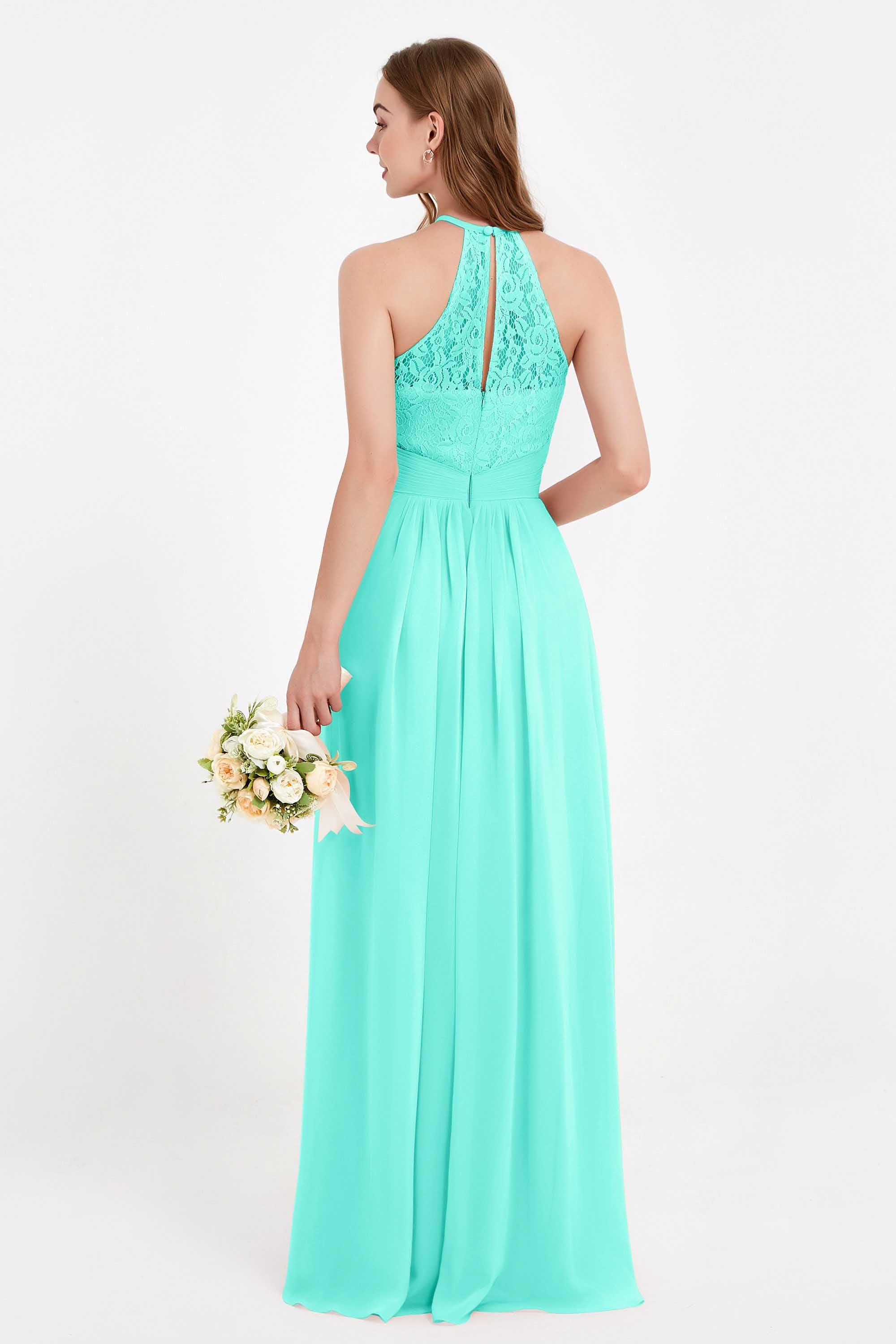 Halter Chiffon Lace Bridesmaid Dress Pleated Ruched Formal Evening Prom Dresses Gowns