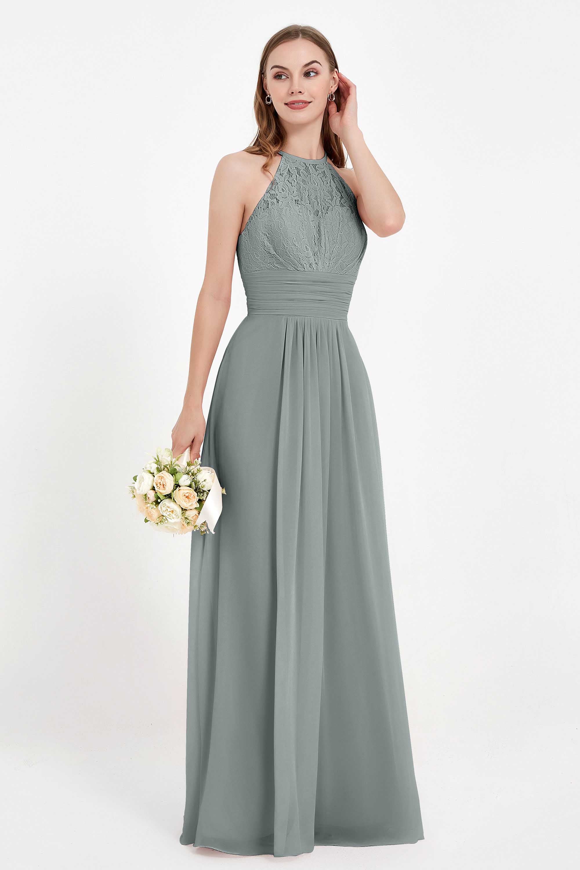 Halter Chiffon Lace Bridesmaid Dress Pleated Ruched Formal Evening Prom Dresses Gowns