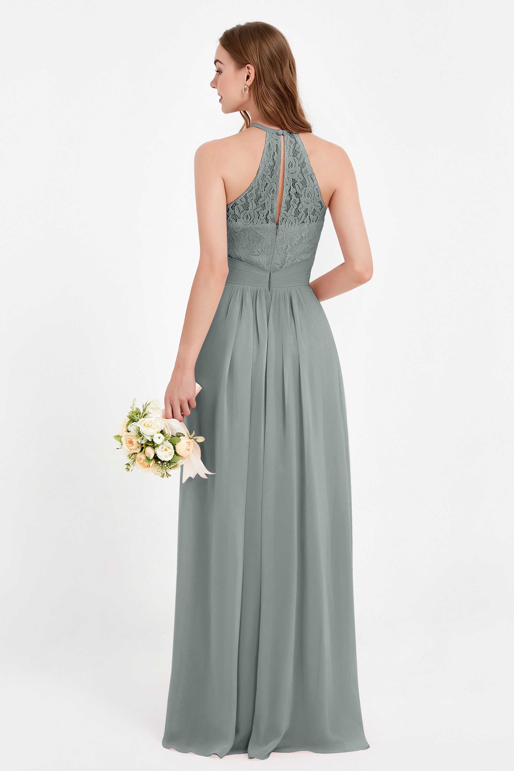 Halter Chiffon Lace Bridesmaid Dress Pleated Ruched Formal Evening Prom Dresses Gowns