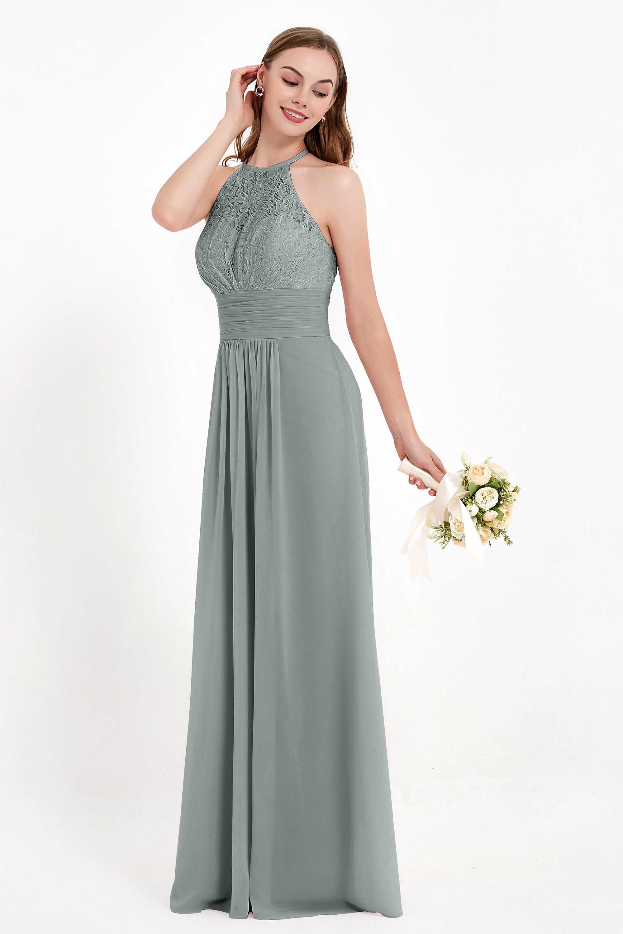 Halter Chiffon Lace Bridesmaid Dress Pleated Ruched Formal Evening Prom Dresses Gowns