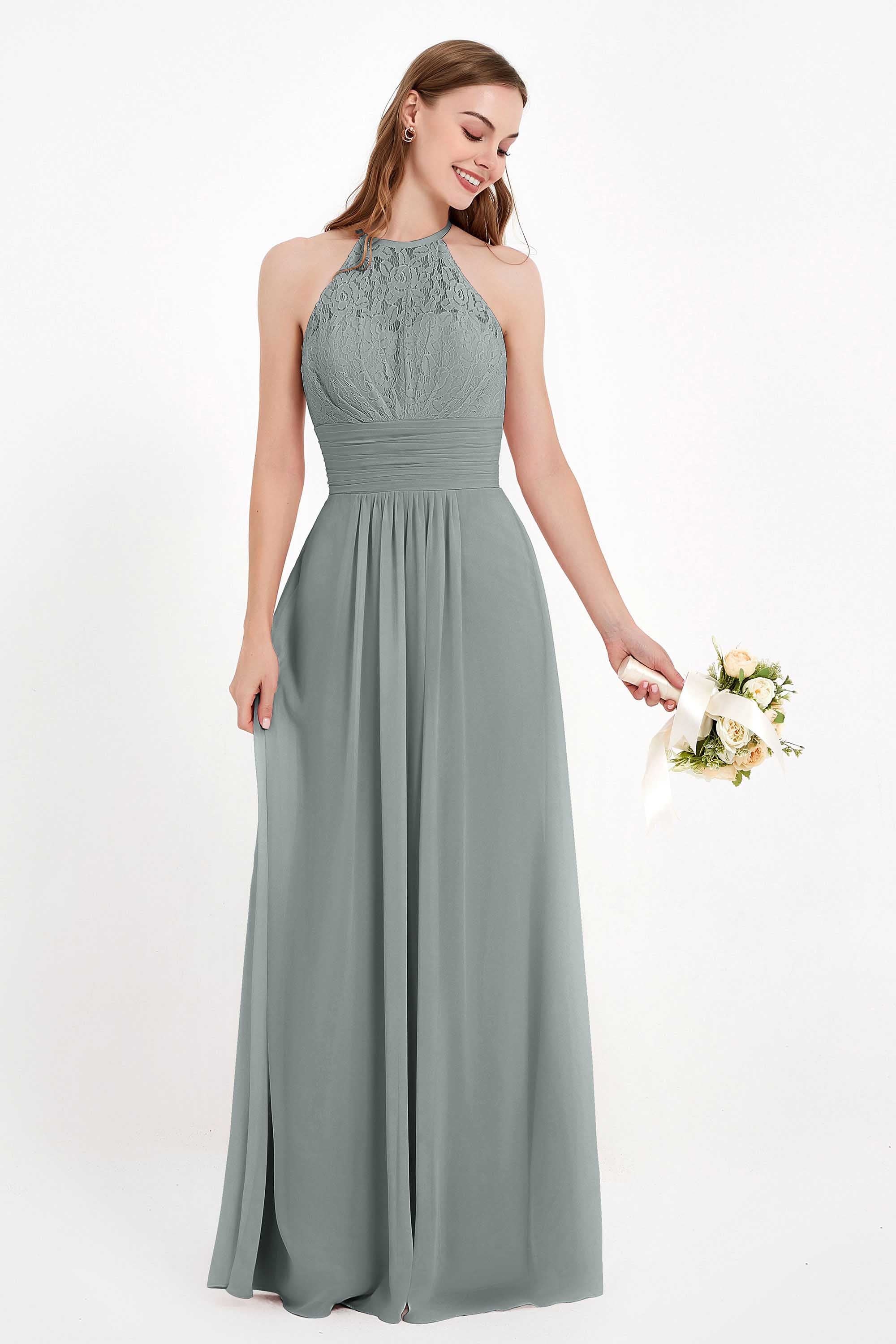 Halter Chiffon Lace Bridesmaid Dress Pleated Ruched Formal Evening Prom Dresses Gowns