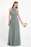 Halter Chiffon Lace Bridesmaid Dress Pleated Ruched Formal Evening Prom Dresses Gowns