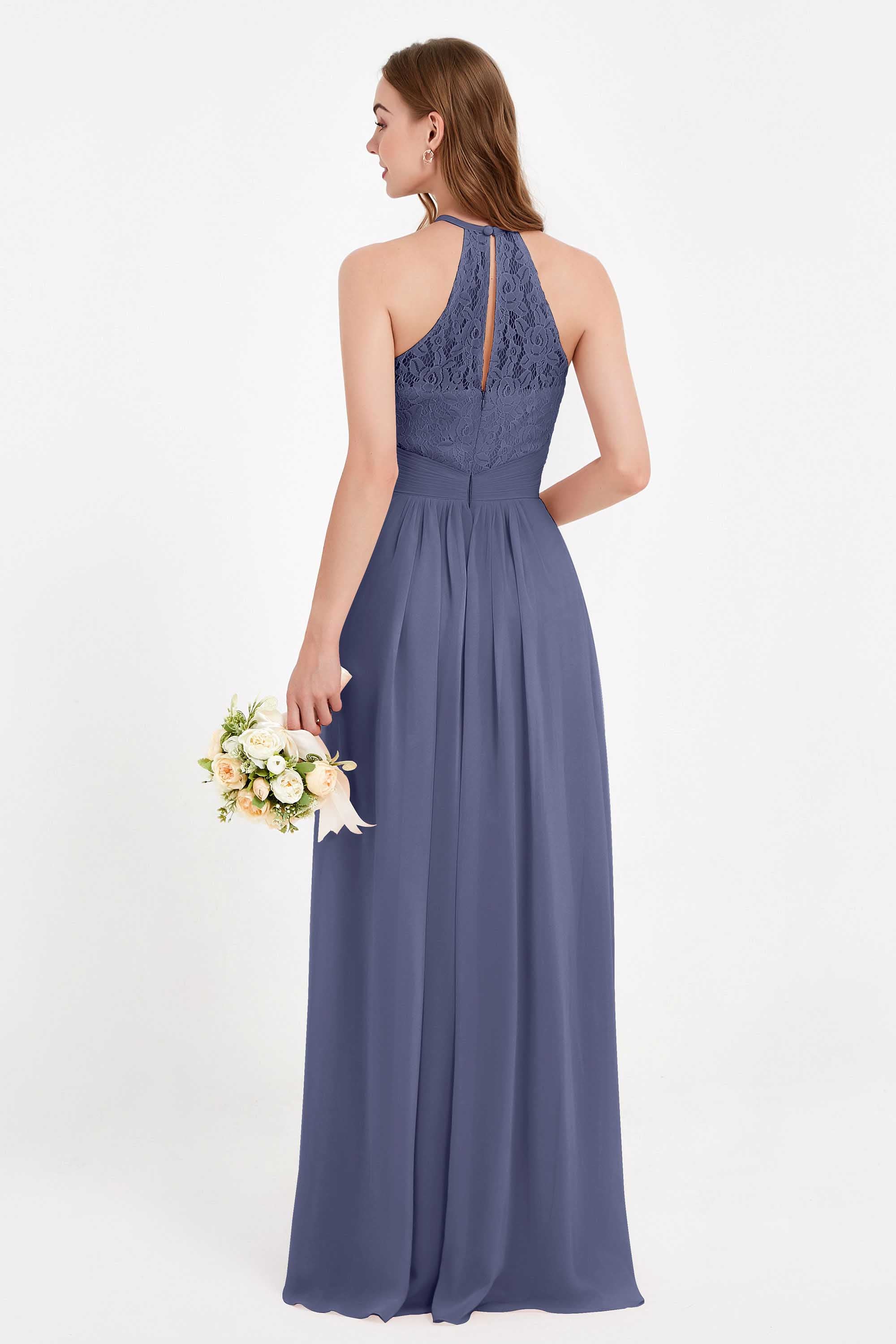 Halter Chiffon Lace Bridesmaid Dress Pleated Ruched Formal Evening Prom Dresses Gowns