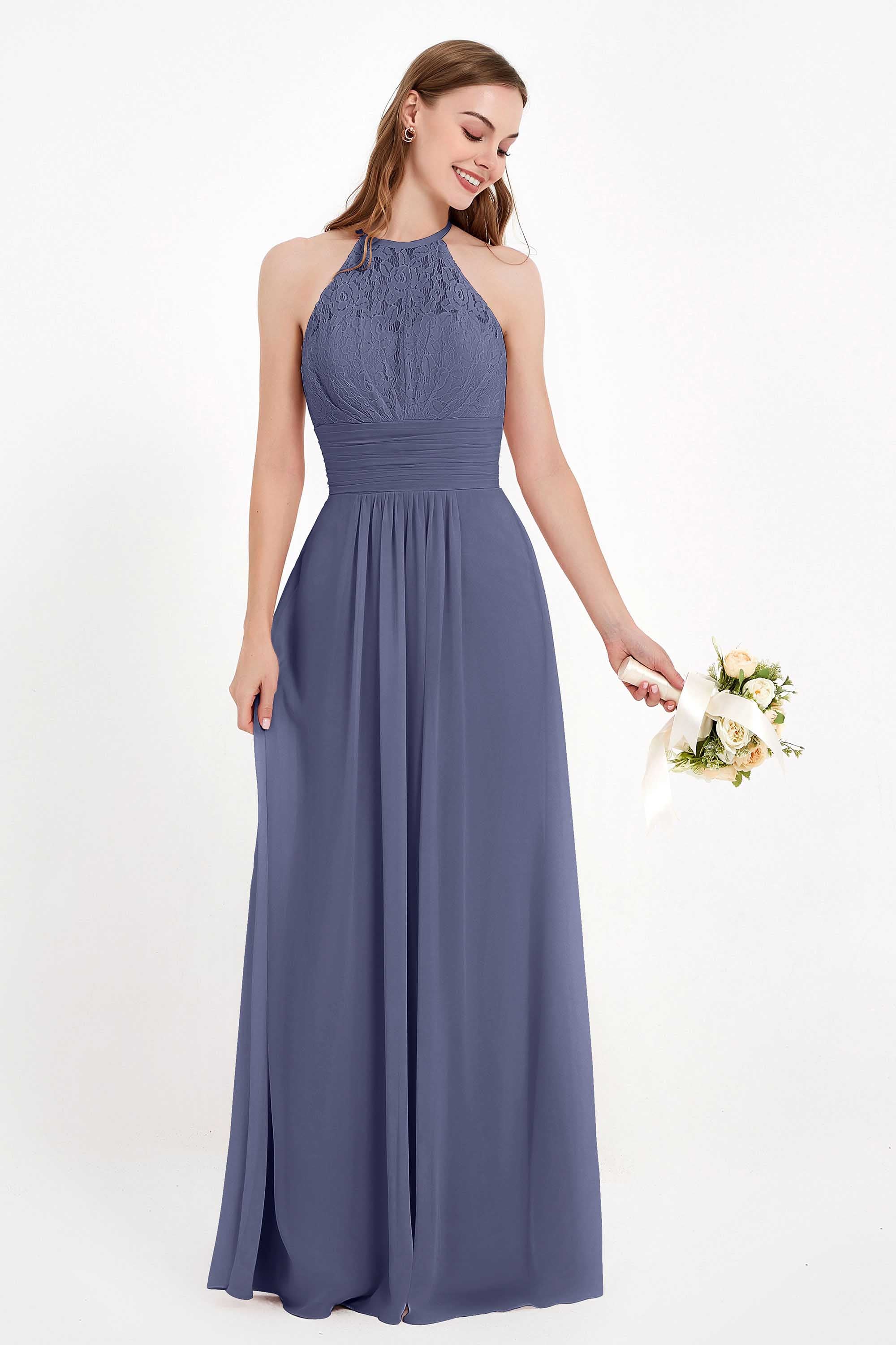 Halter Chiffon Lace Bridesmaid Dress Pleated Ruched Formal Evening Prom Dresses Gowns