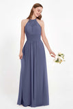 Halter Chiffon Lace Bridesmaid Dress Pleated Ruched Formal Evening Prom Dresses Gowns