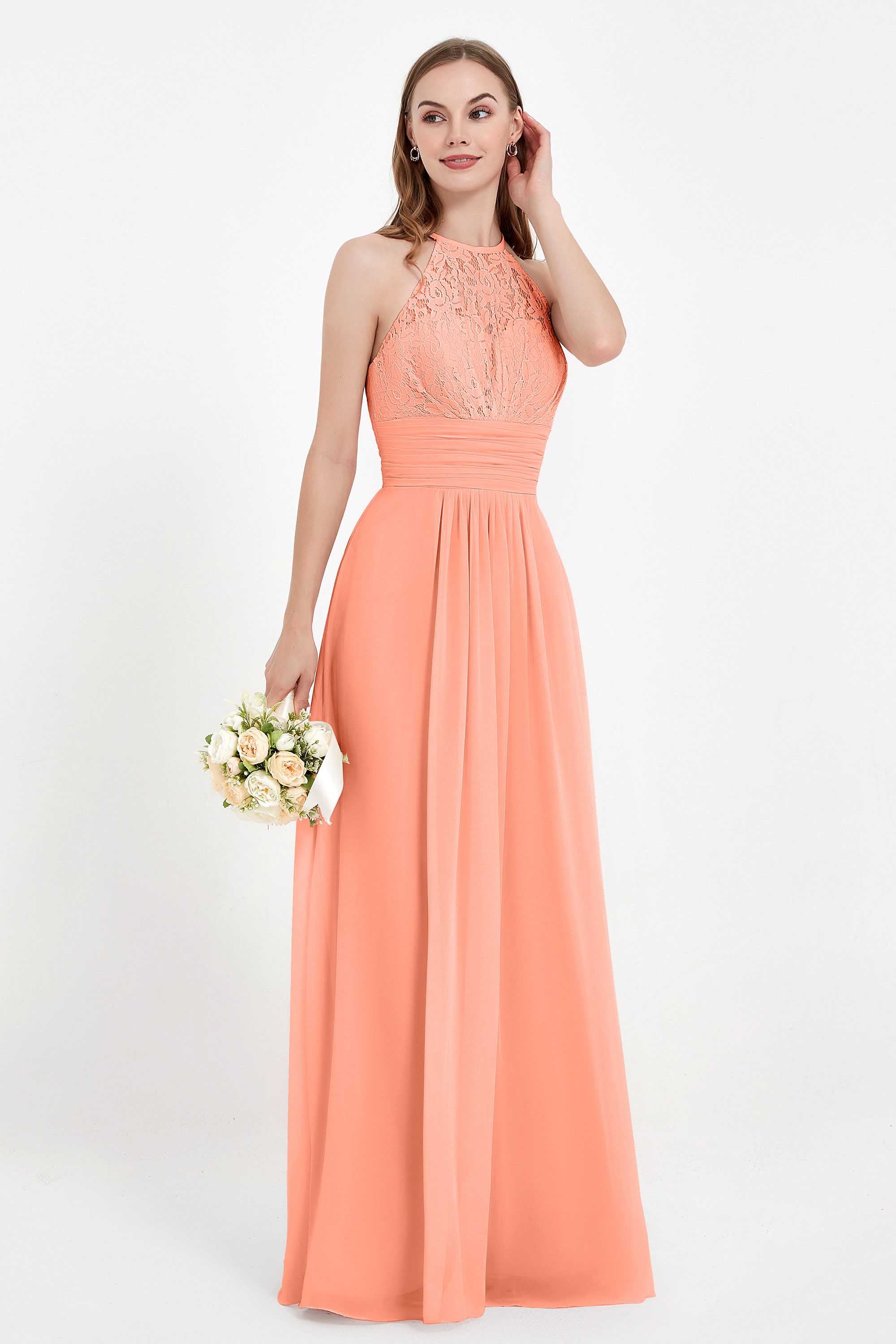 Halter Chiffon Lace Bridesmaid Dress Pleated Ruched Formal Evening Prom Dresses Gowns