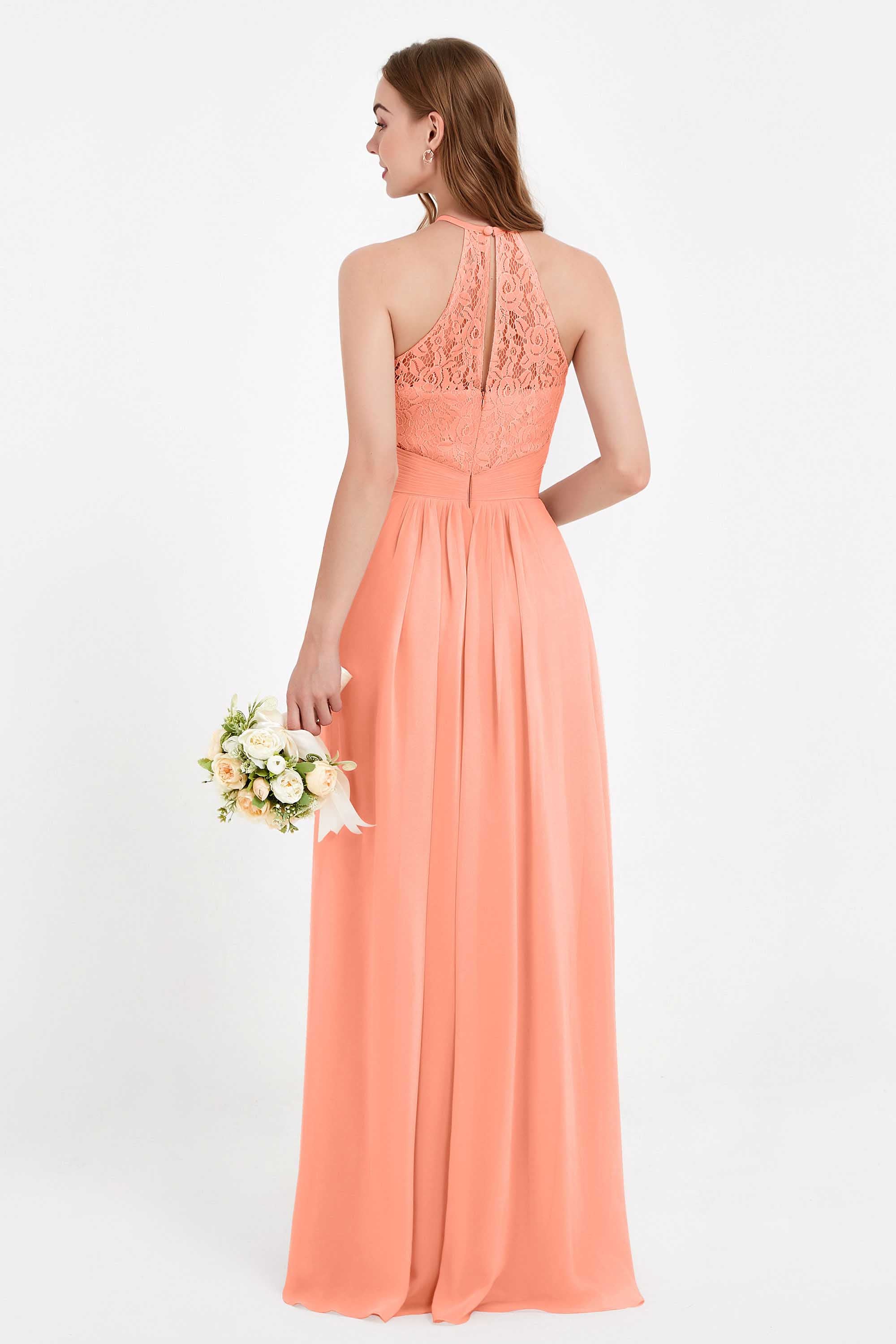 Halter Chiffon Lace Bridesmaid Dress Pleated Ruched Formal Evening Prom Dresses Gowns