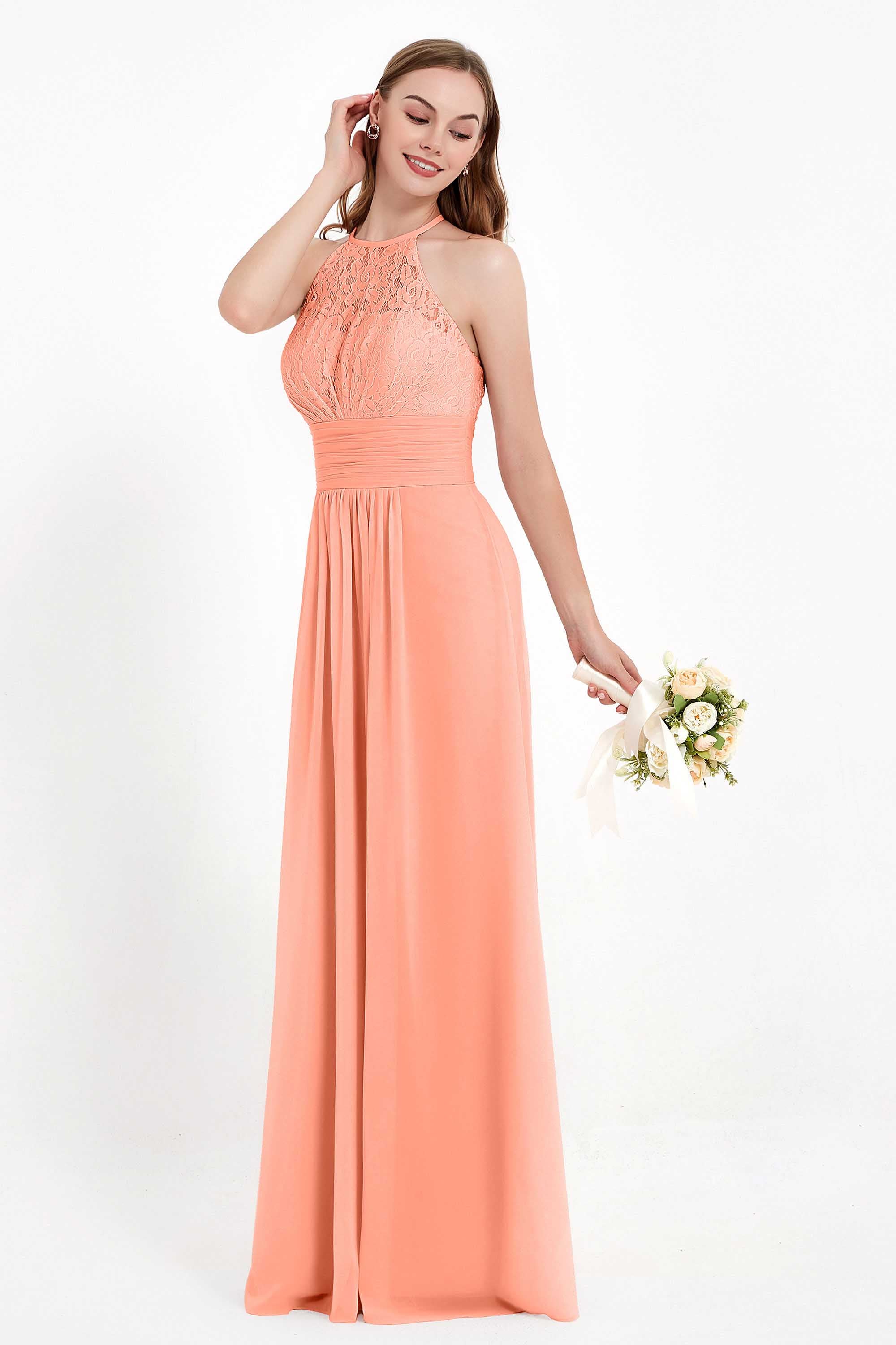Halter Chiffon Lace Bridesmaid Dress Pleated Ruched Formal Evening Prom Dresses Gowns