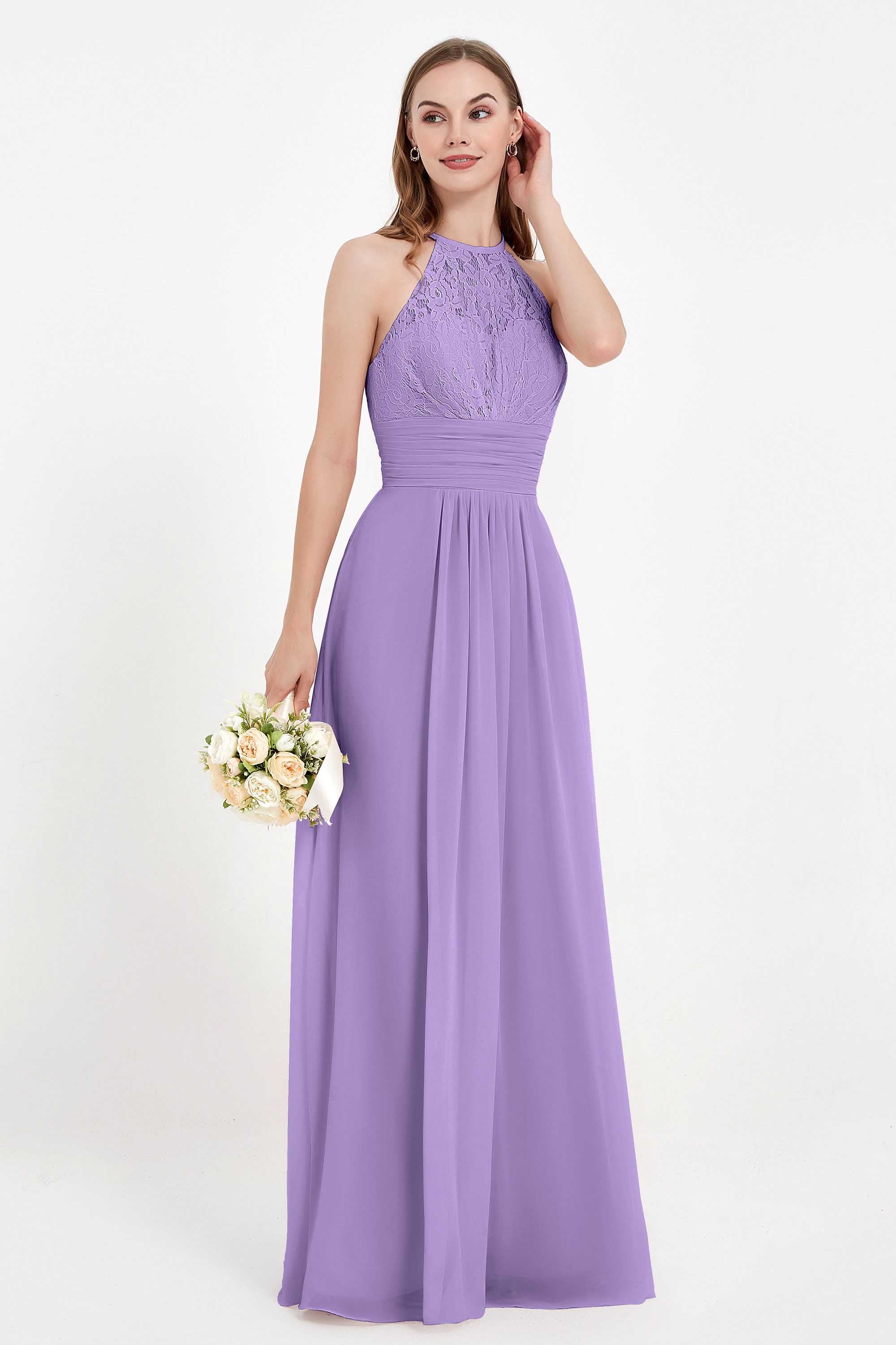 Halter Chiffon Lace Bridesmaid Dress Pleated Ruched Formal Evening Prom Dresses Gowns