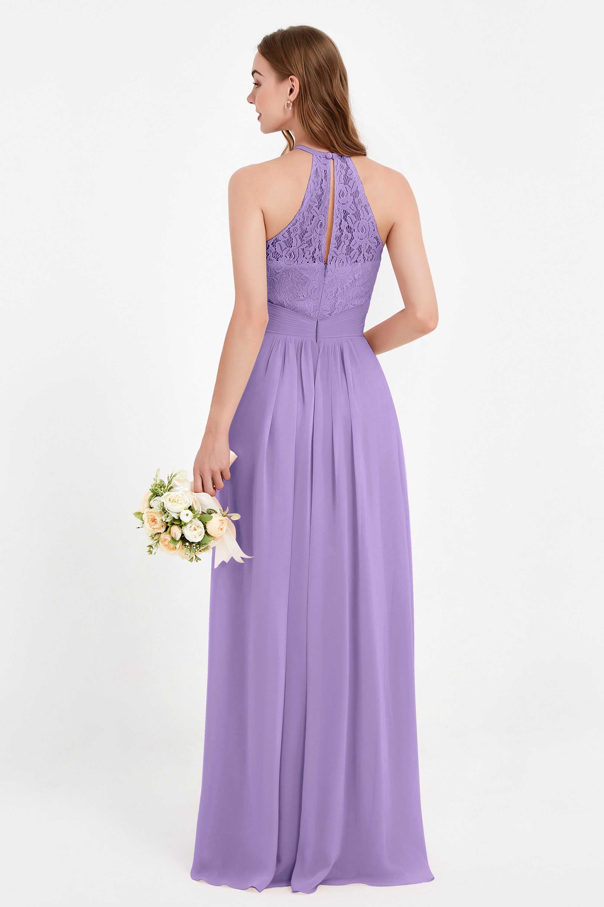 Halter Chiffon Lace Bridesmaid Dress Pleated Ruched Formal Evening Prom Dresses Gowns