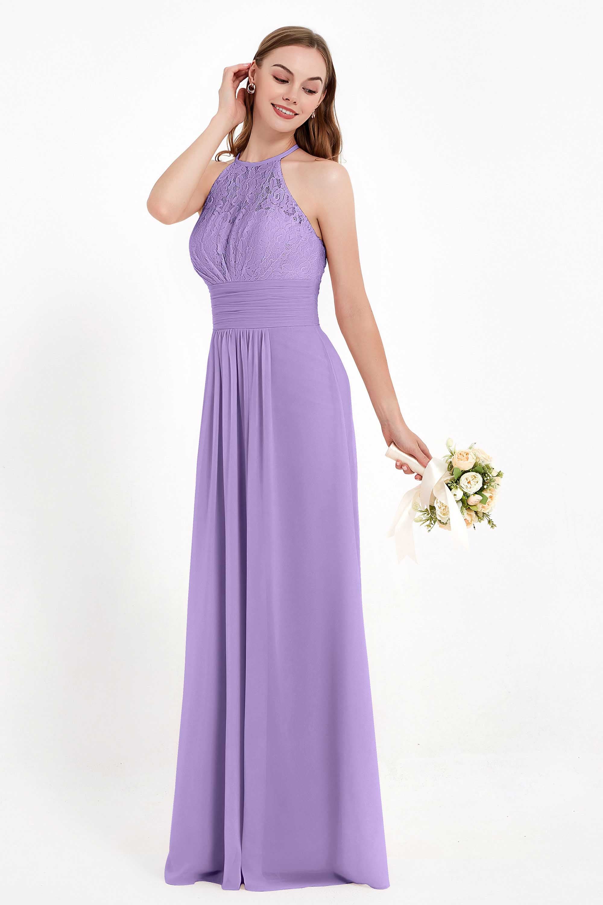 Halter Chiffon Lace Bridesmaid Dress Pleated Ruched Formal Evening Prom Dresses Gowns