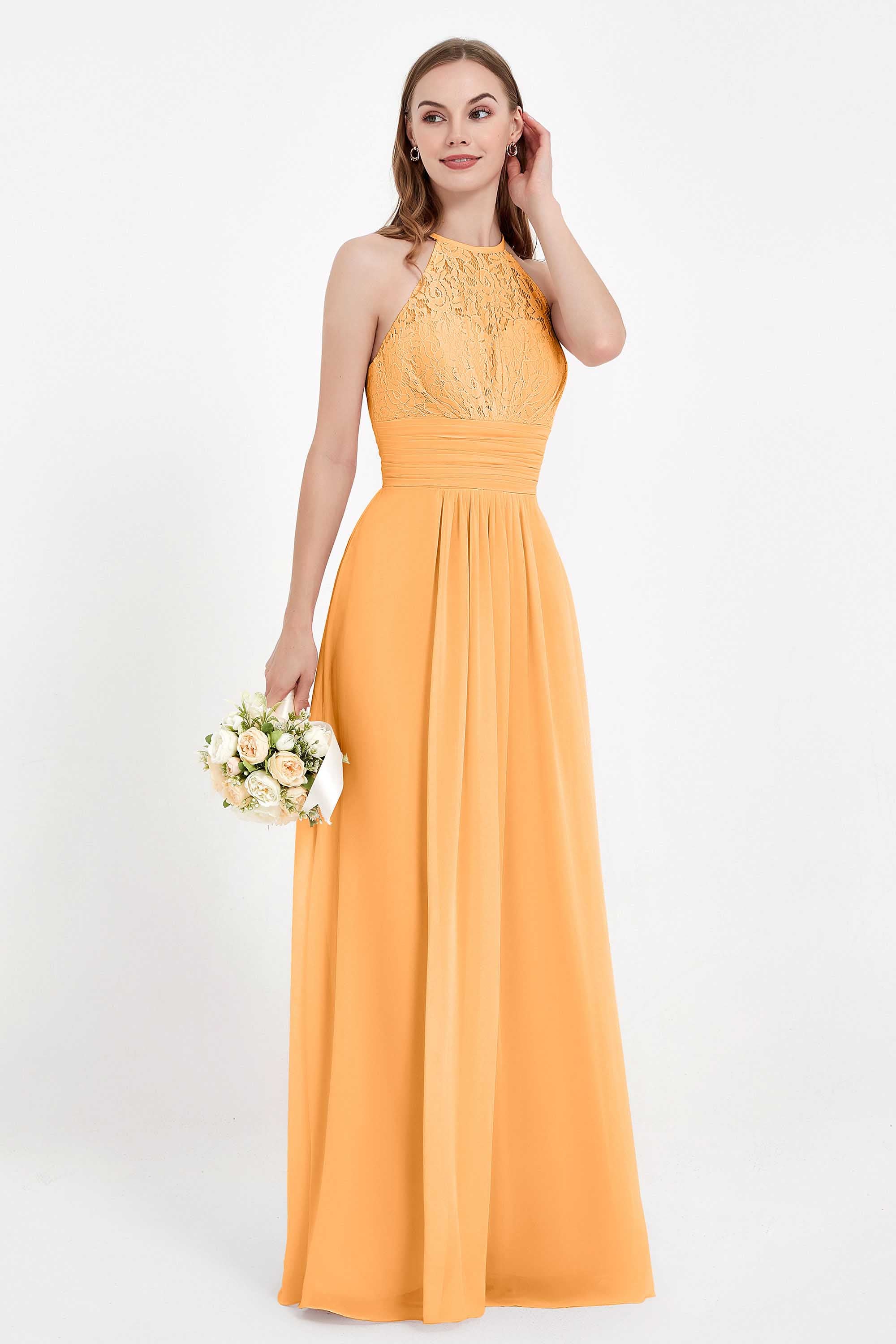 Halter Chiffon Lace Bridesmaid Dress Pleated Ruched Formal Evening Prom Dresses Gowns