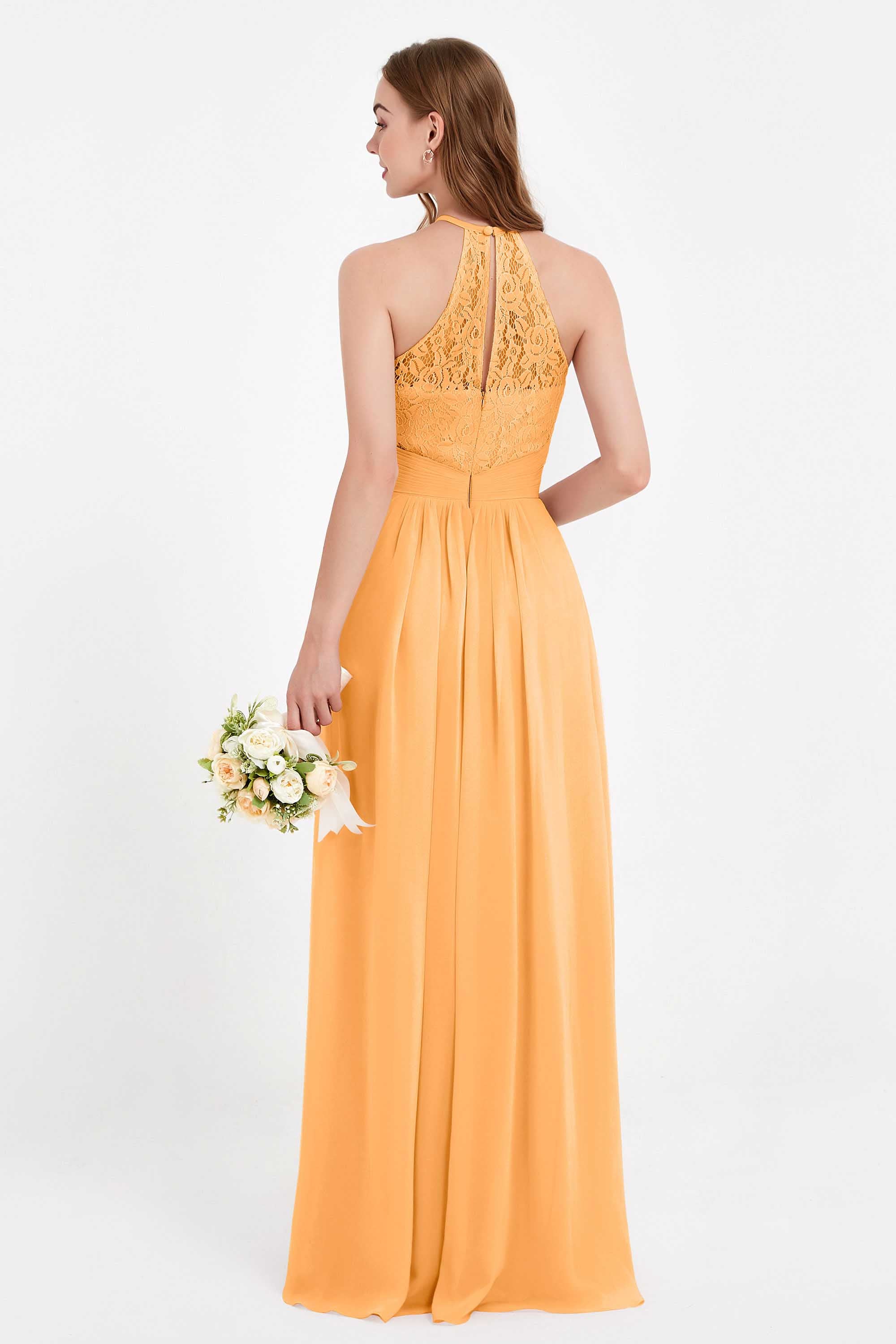 Halter Chiffon Lace Bridesmaid Dress Pleated Ruched Formal Evening Prom Dresses Gowns
