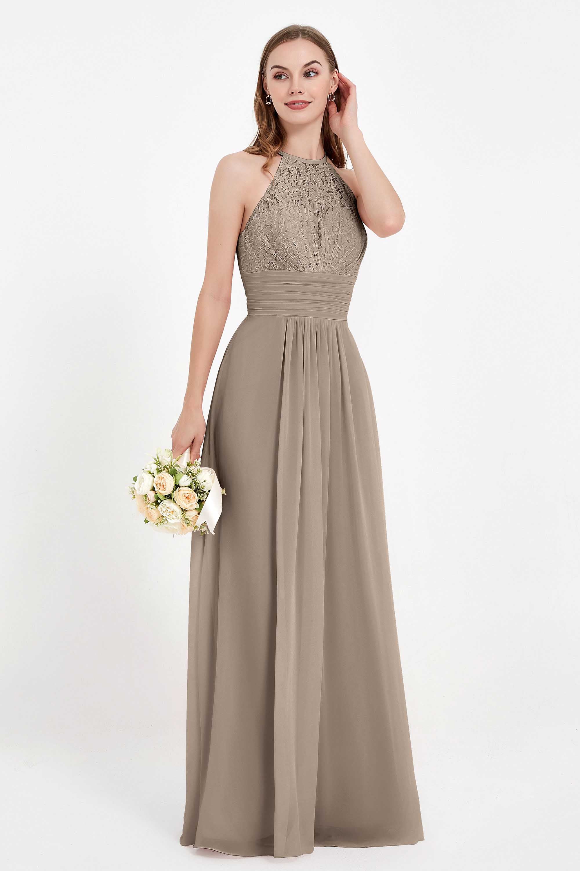 Halter Chiffon Lace Bridesmaid Dress Pleated Ruched Formal Evening Prom Dresses Gowns