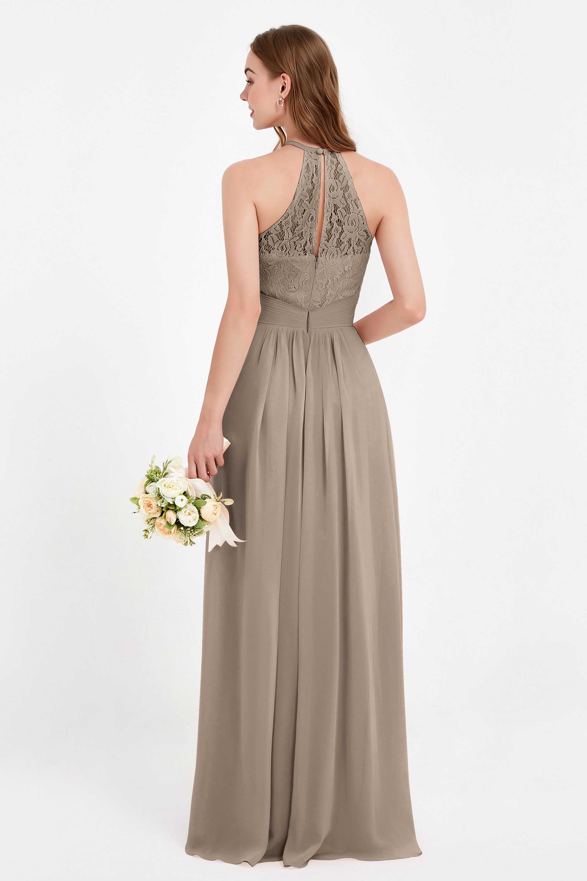Halter Chiffon Lace Bridesmaid Dress Pleated Ruched Formal Evening Prom Dresses Gowns