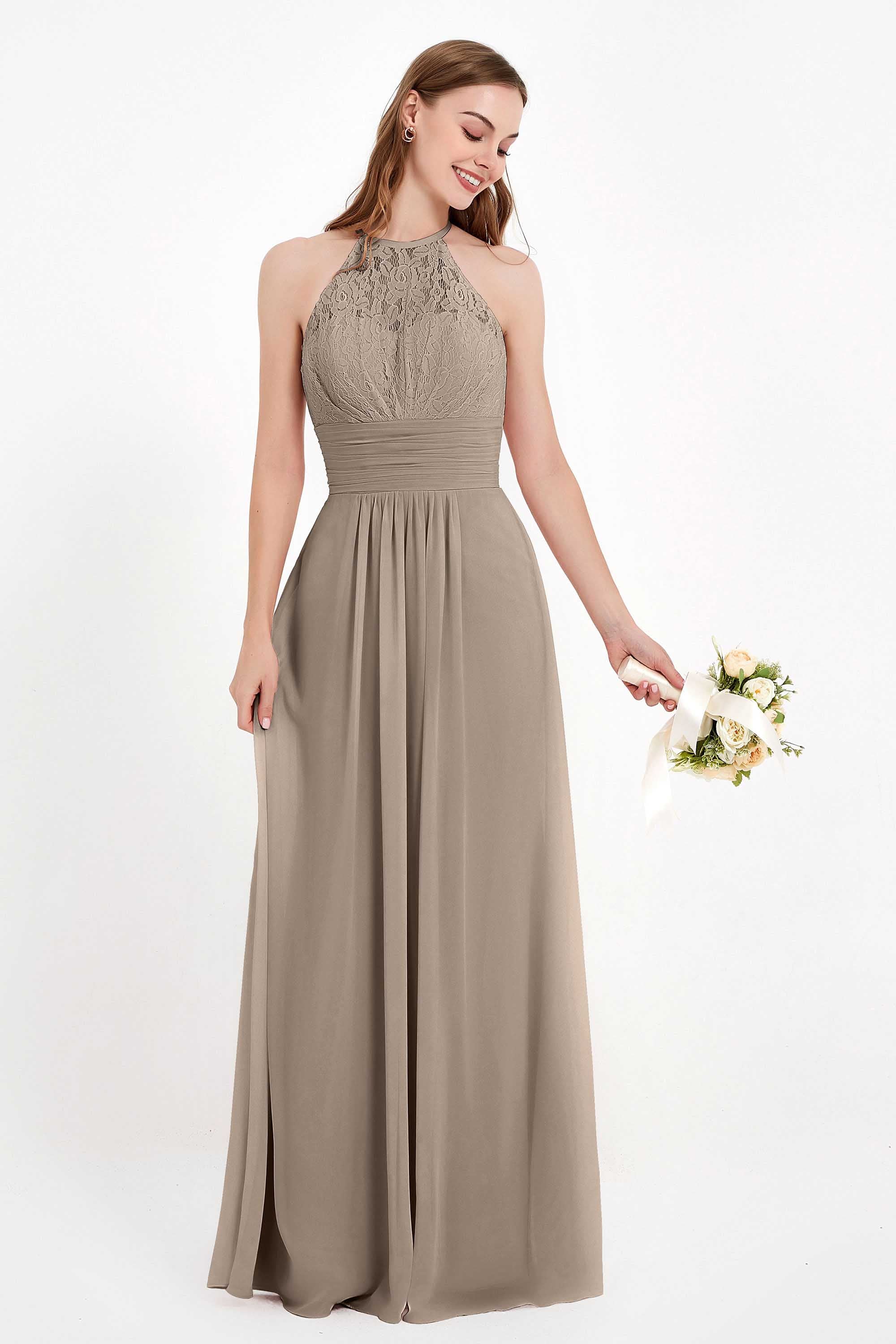 Halter Chiffon Lace Bridesmaid Dress Pleated Ruched Formal Evening Prom Dresses Gowns