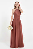 Halter Chiffon Lace Bridesmaid Dress Pleated Ruched Formal Evening Prom Dresses Gowns
