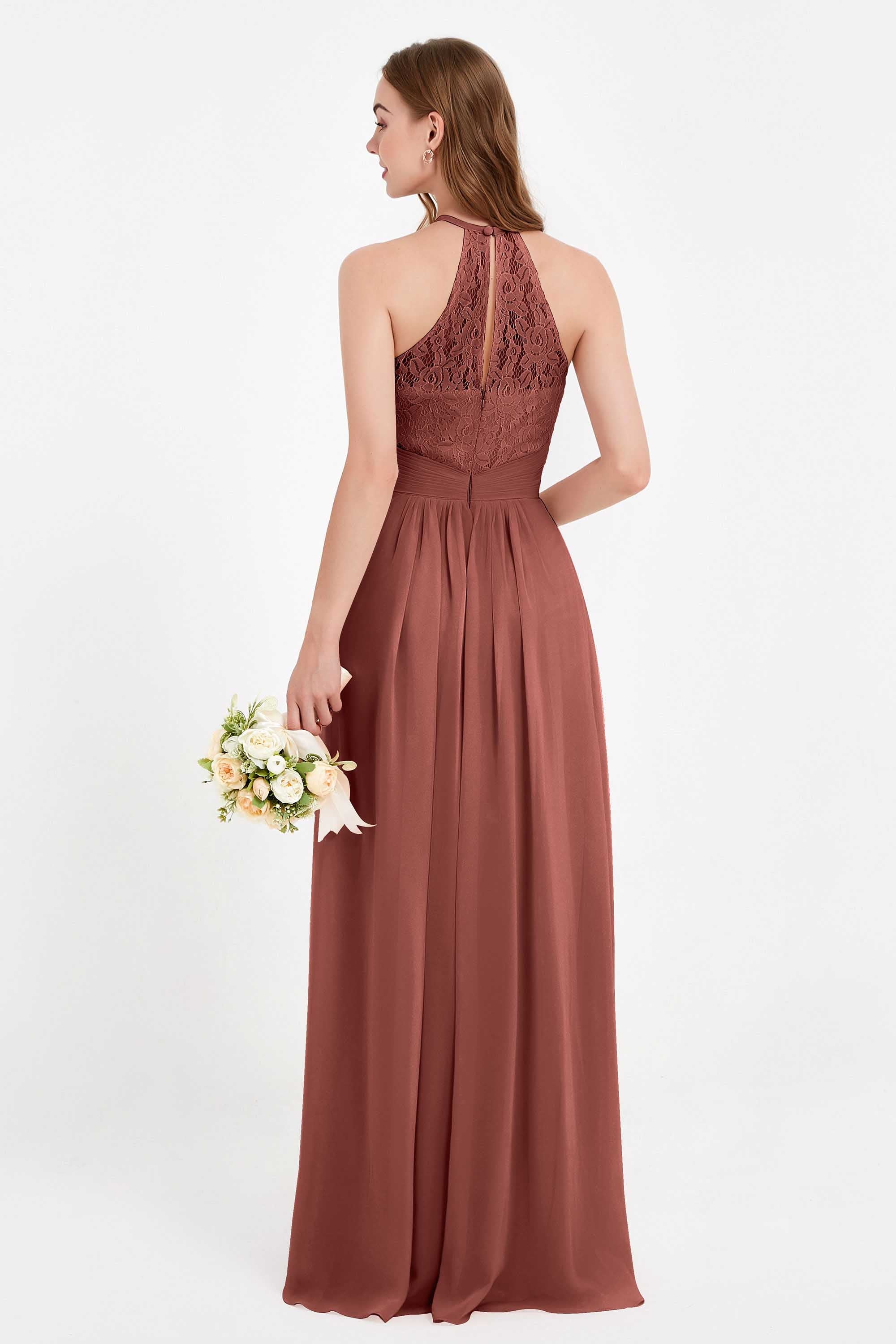 Halter Chiffon Lace Bridesmaid Dress Pleated Ruched Formal Evening Prom Dresses Gowns