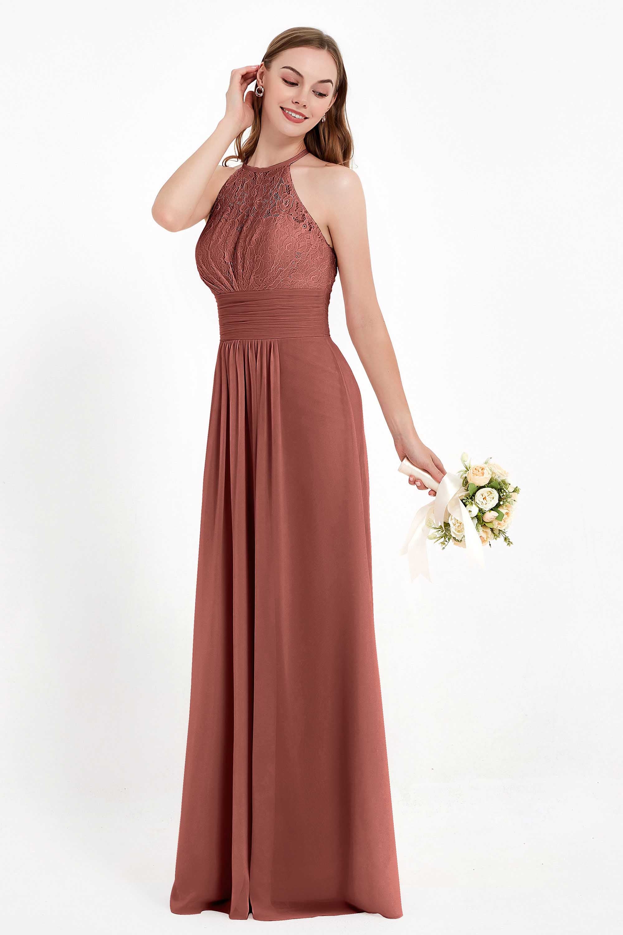 Halter Chiffon Lace Bridesmaid Dress Pleated Ruched Formal Evening Prom Dresses Gowns