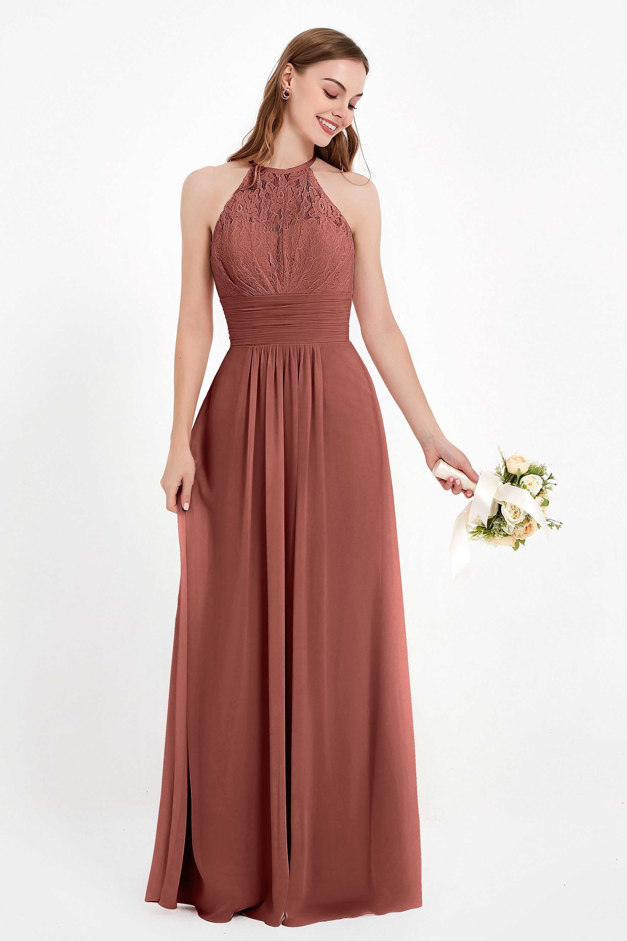 Halter Chiffon Lace Bridesmaid Dress Pleated Ruched Formal Evening Prom Dresses Gowns