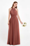 Halter Chiffon Lace Bridesmaid Dress Pleated Ruched Formal Evening Prom Dresses Gowns