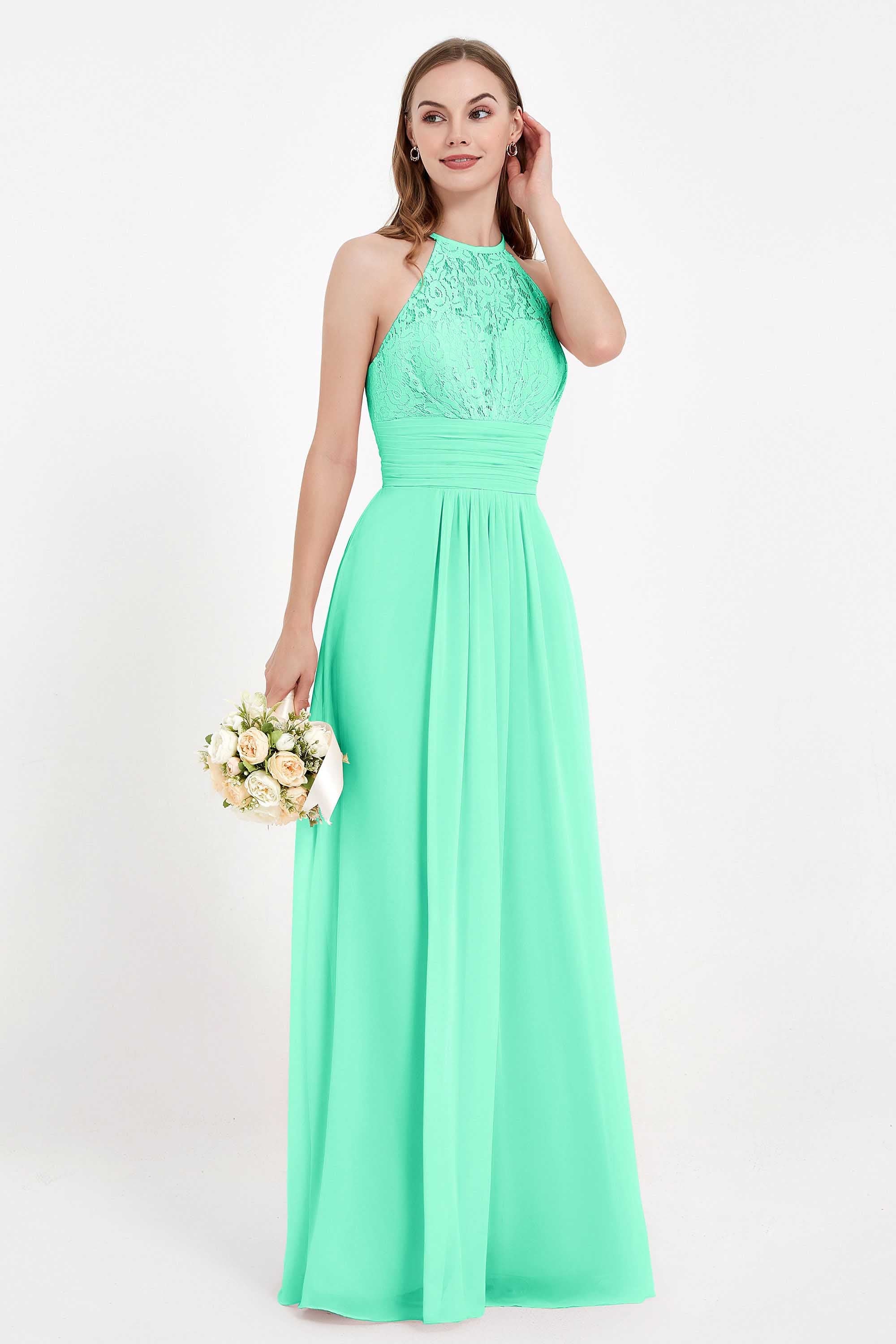 Halter Chiffon Lace Bridesmaid Dress Pleated Ruched Formal Evening Prom Dresses Gowns