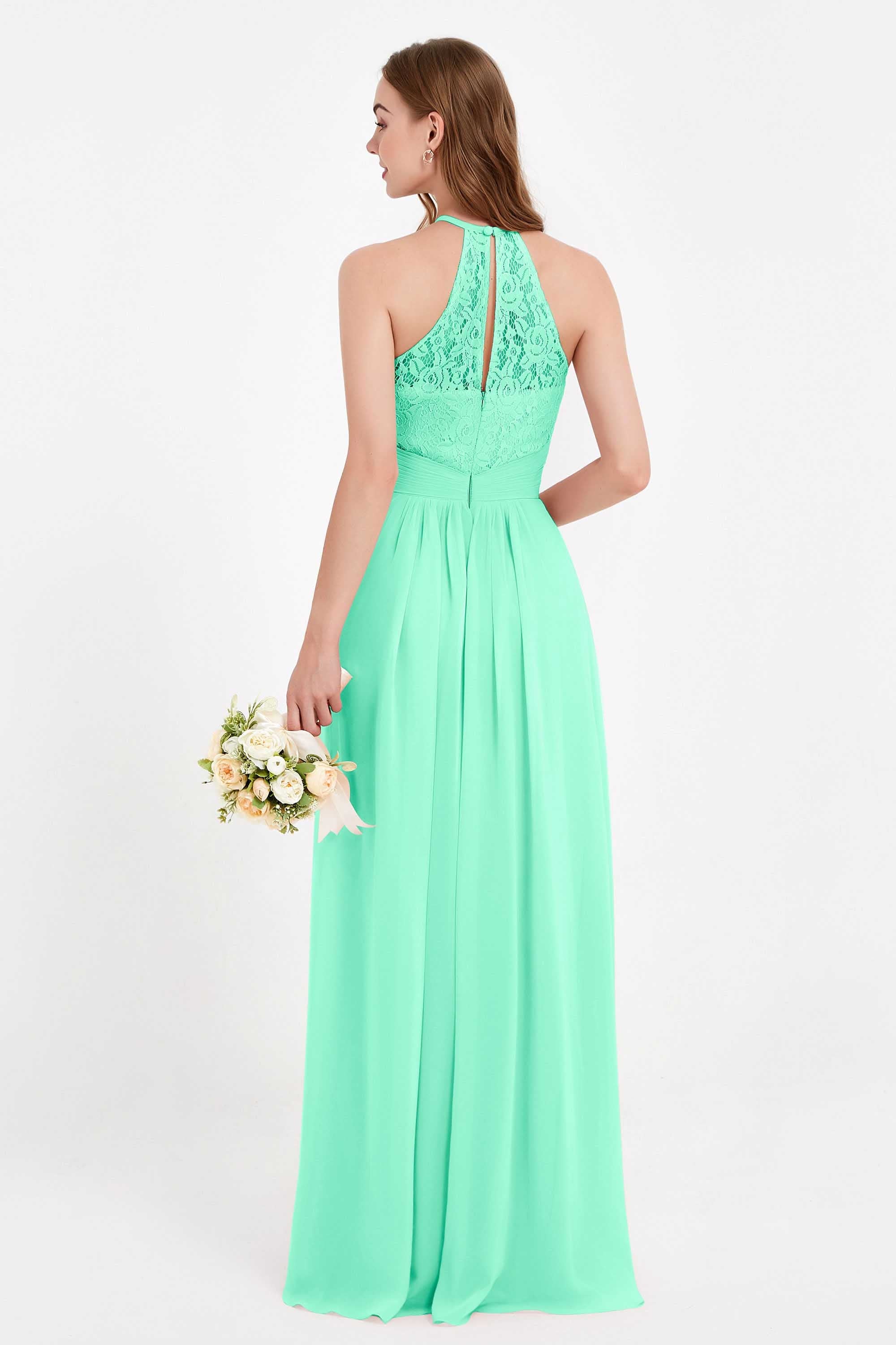 Halter Chiffon Lace Bridesmaid Dress Pleated Ruched Formal Evening Prom Dresses Gowns