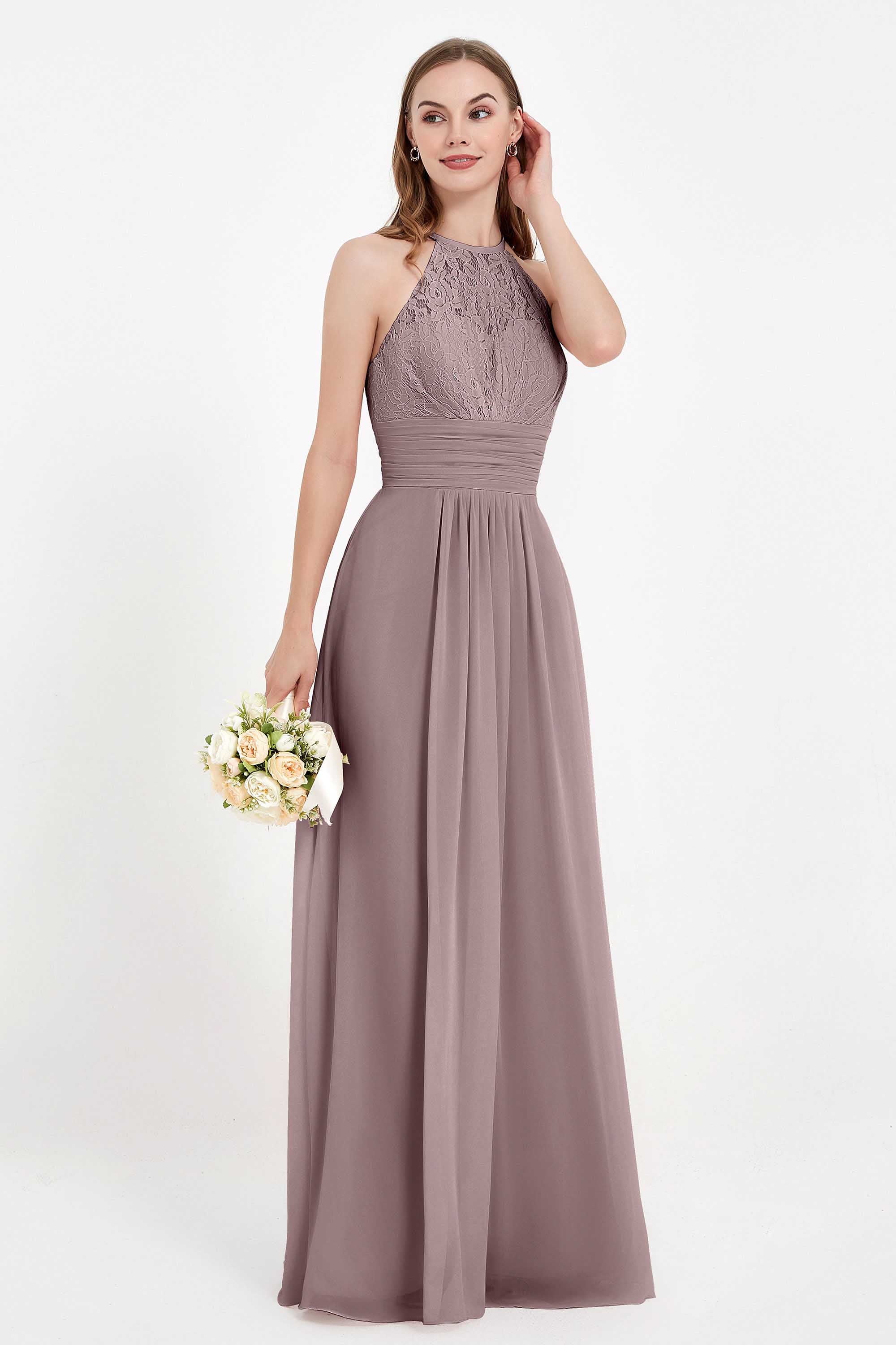 Halter Chiffon Lace Bridesmaid Dress Pleated Ruched Formal Evening Prom Dresses Gowns