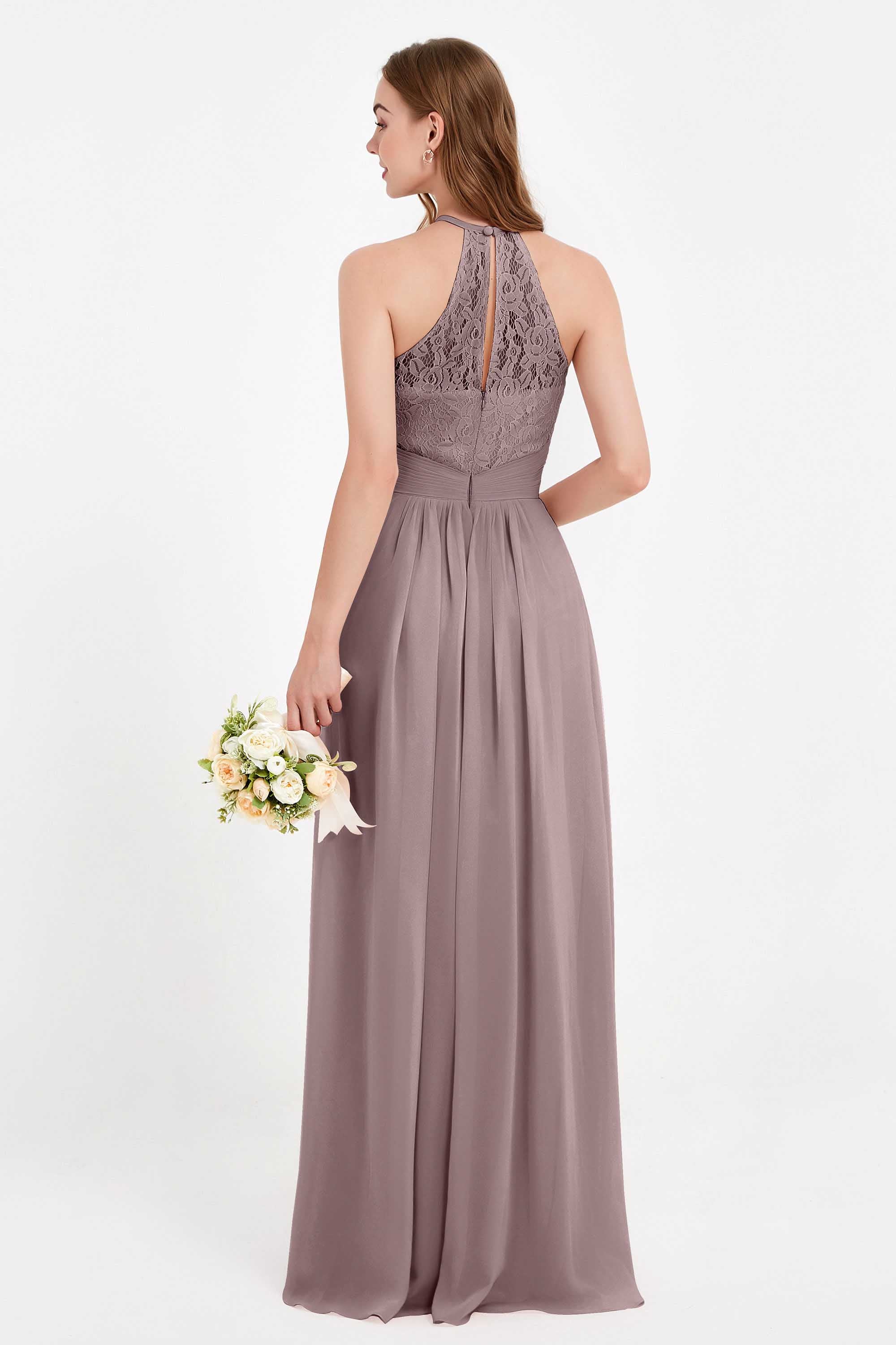Halter Chiffon Lace Bridesmaid Dress Pleated Ruched Formal Evening Prom Dresses Gowns