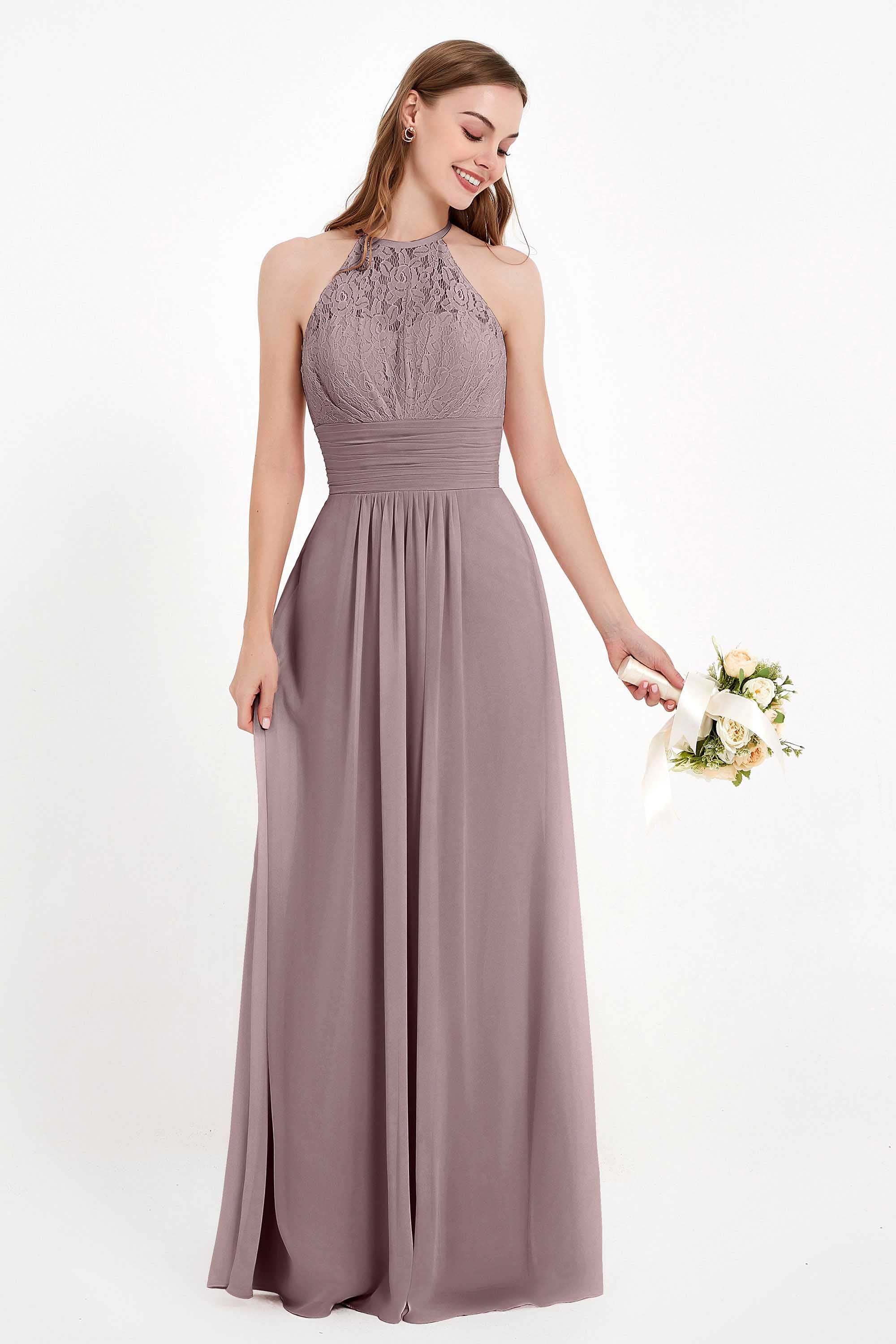 Halter Chiffon Lace Bridesmaid Dress Pleated Ruched Formal Evening Prom Dresses Gowns