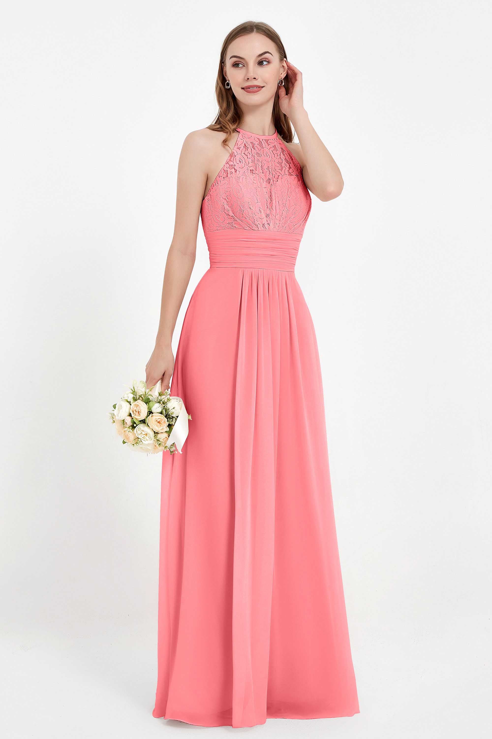 Halter Chiffon Lace Bridesmaid Dress Pleated Ruched Formal Evening Prom Dresses Gowns