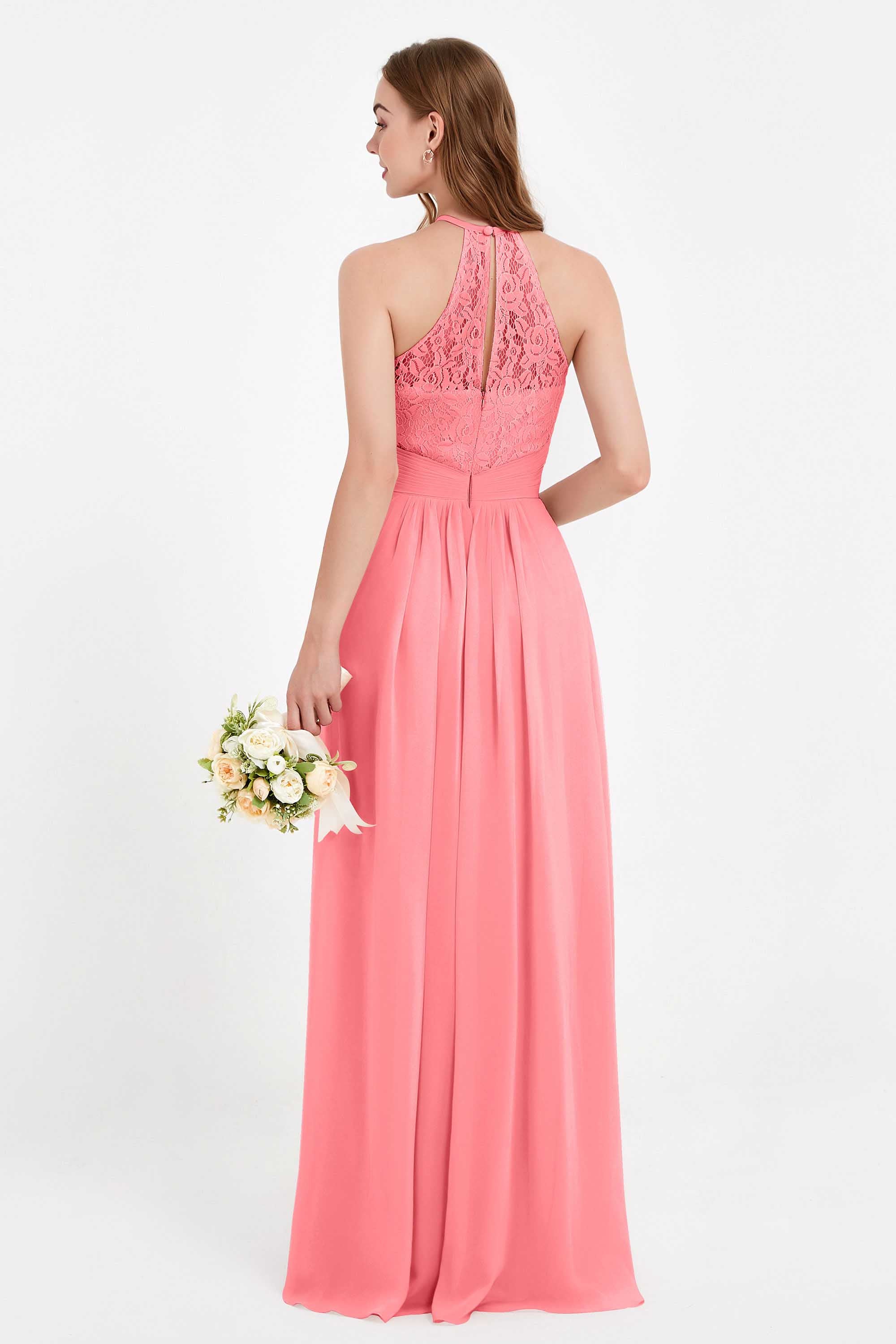 Halter Chiffon Lace Bridesmaid Dress Pleated Ruched Formal Evening Prom Dresses Gowns