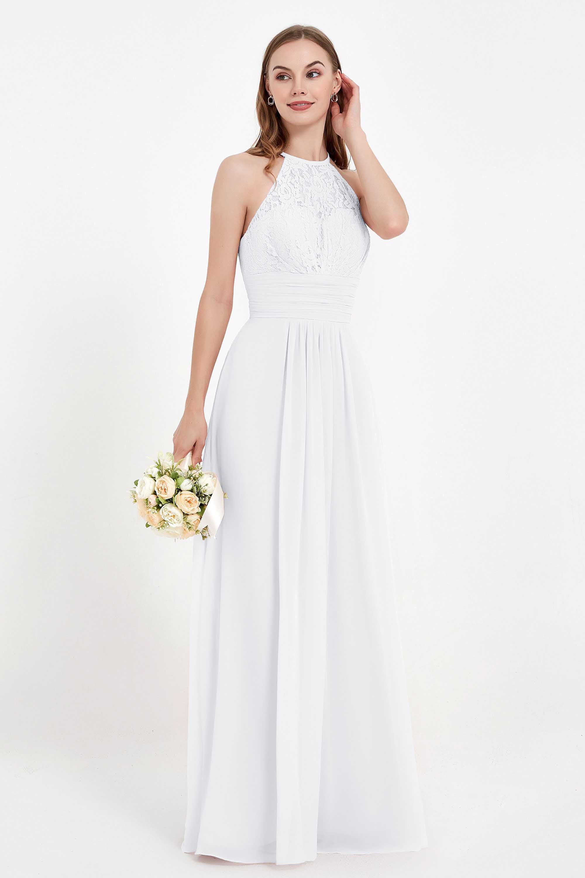 Halter Chiffon Lace Bridesmaid Dress Pleated Ruched Formal Evening Prom Dresses Gowns