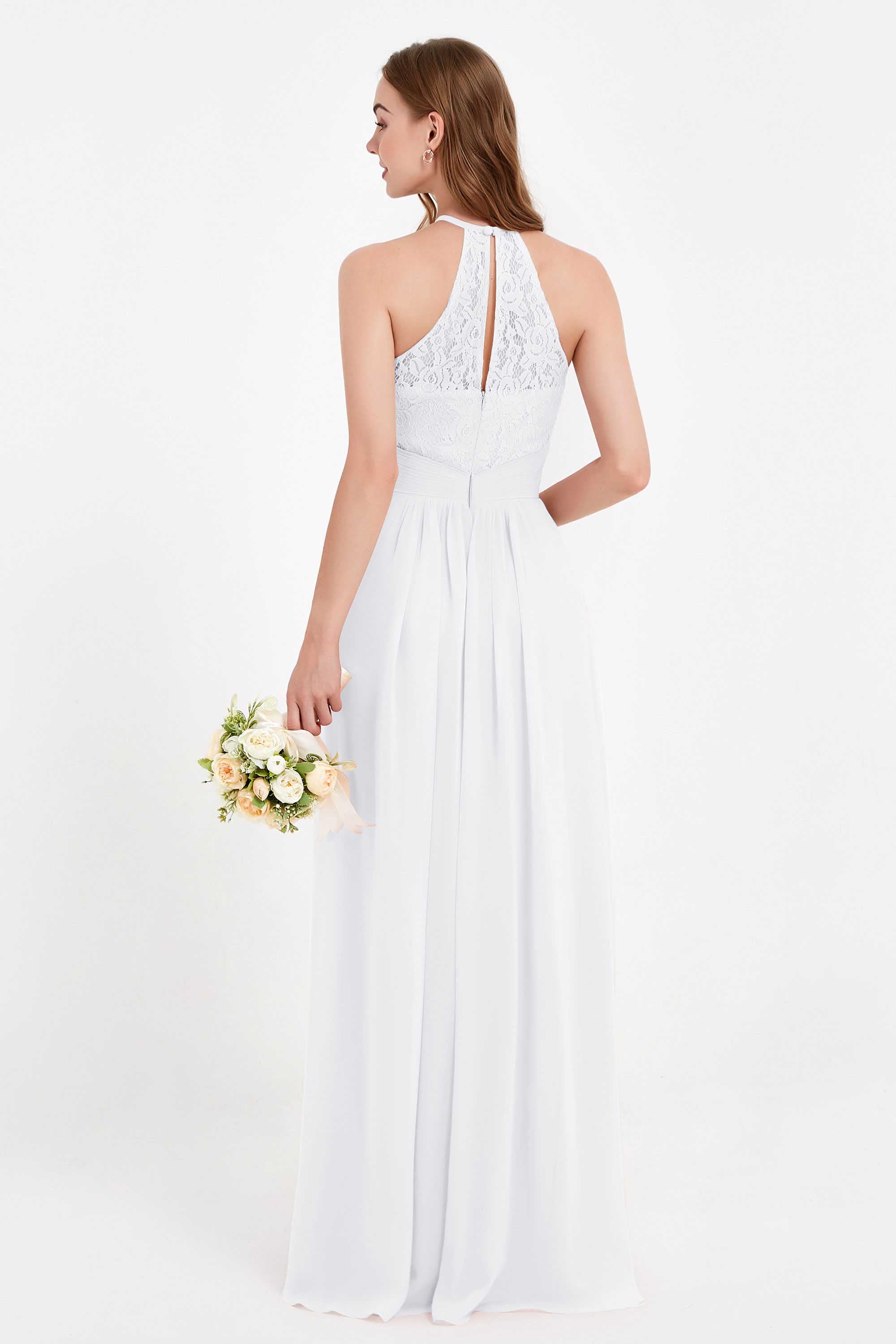 Halter Chiffon Lace Bridesmaid Dress Pleated Ruched Formal Evening Prom Dresses Gowns