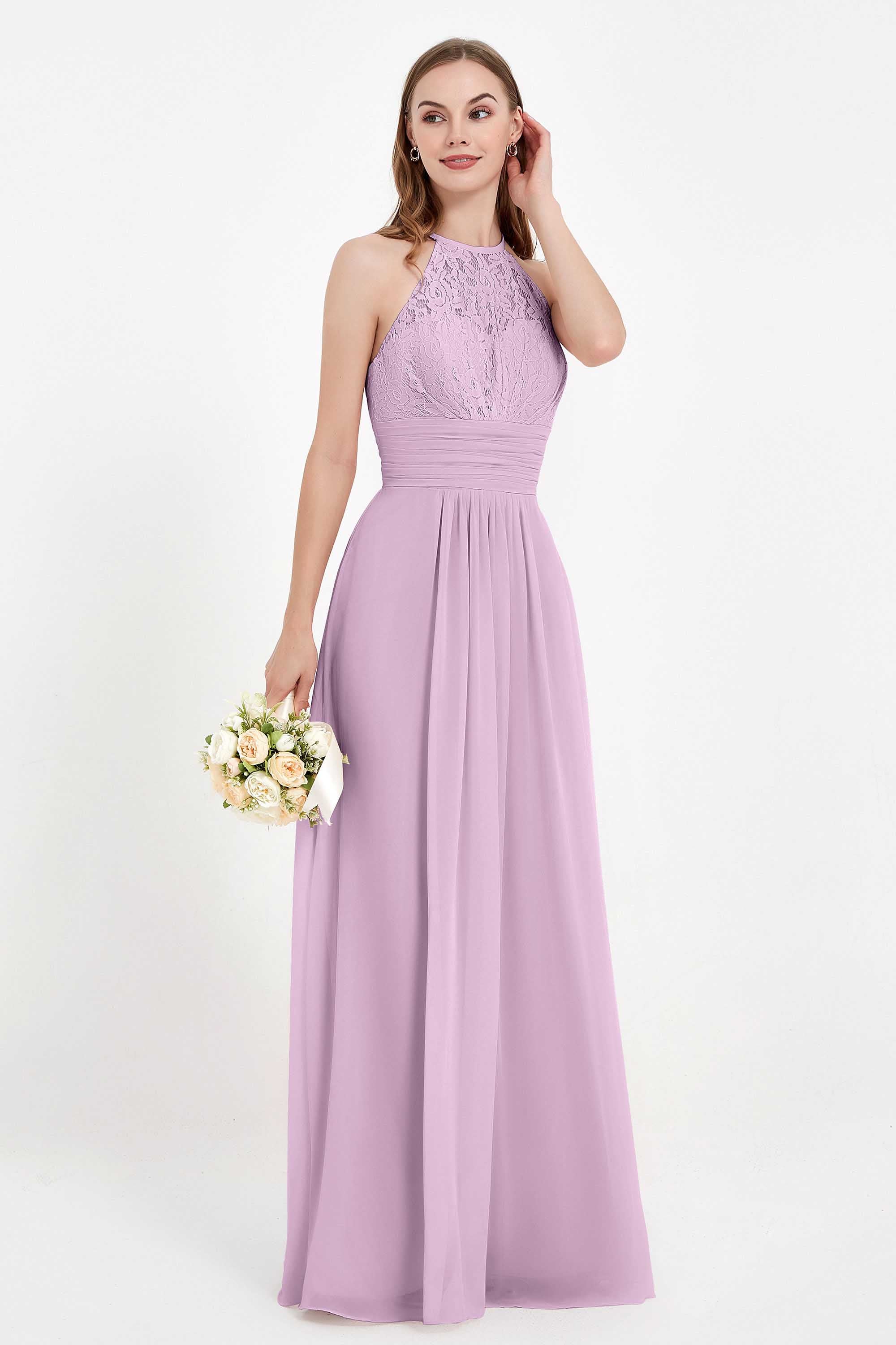 Halter Chiffon Lace Bridesmaid Dress Pleated Ruched Formal Evening Prom Dresses Gowns