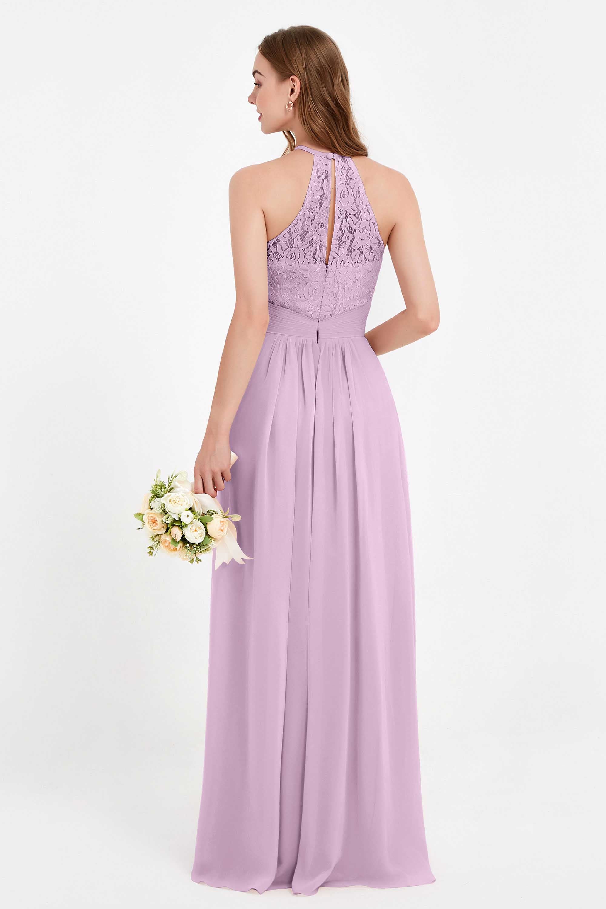 Halter Chiffon Lace Bridesmaid Dress Pleated Ruched Formal Evening Prom Dresses Gowns