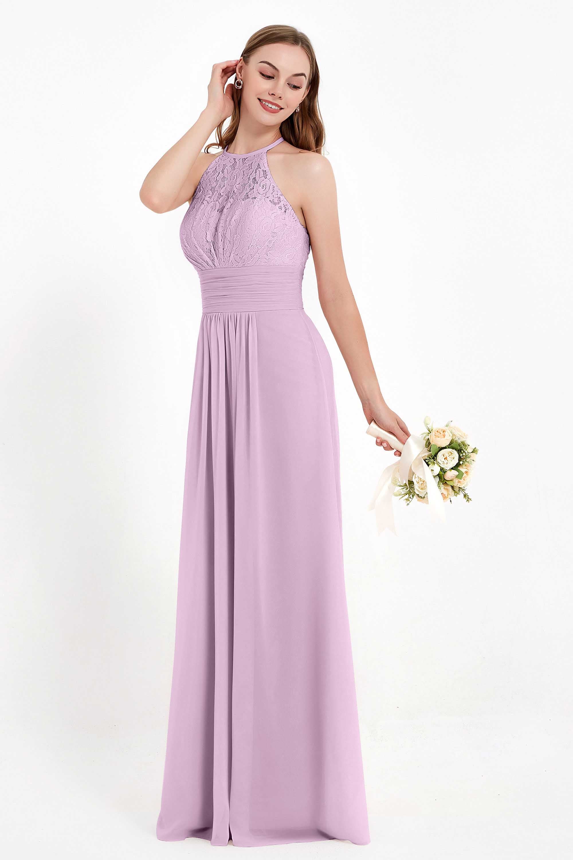 Halter Chiffon Lace Bridesmaid Dress Pleated Ruched Formal Evening Prom Dresses Gowns
