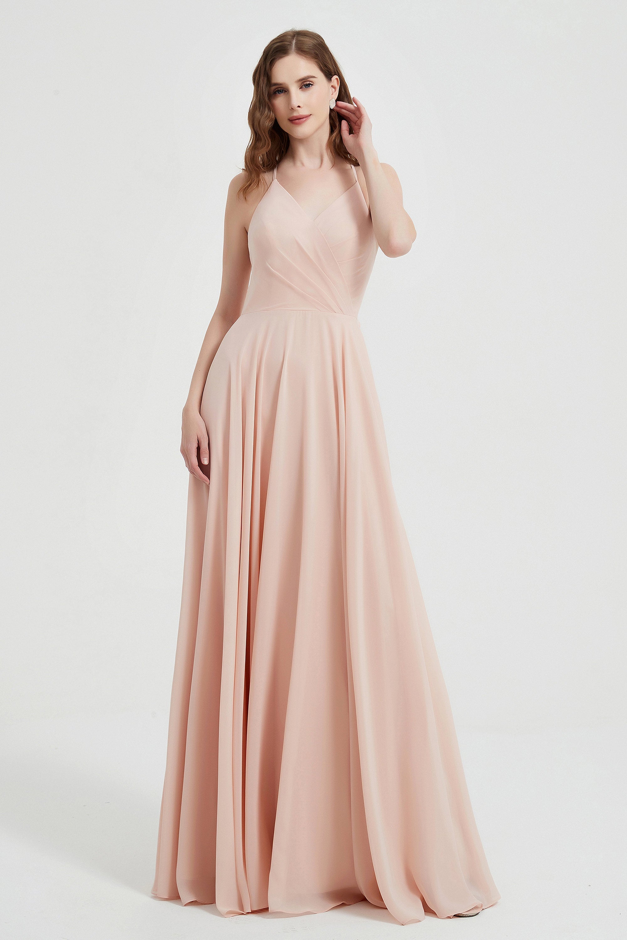 Crossed Straps Chiffon A Line Bridesmaid Dress Pleated Ruffle Formal Evening Dresses Gowns